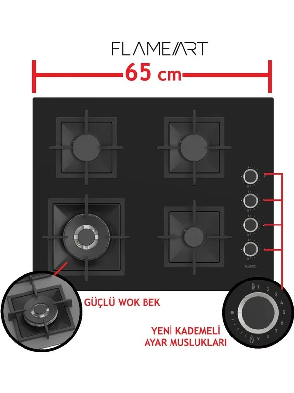 Flowart- Sılentart Serisi Siyah Set (SC405-WFA + QBL63CS +D077-SA ) - Döküm Izgara / 65 cm Ocak