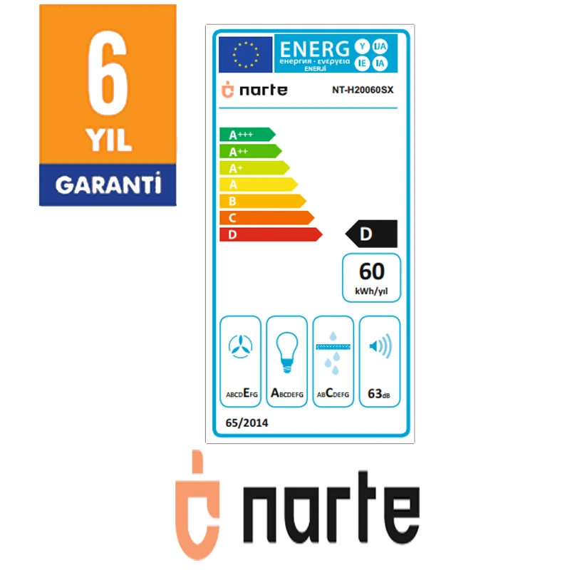 NARTE -H20060S 60 CM Gri Cam Inox Çıtalı Eğimli Davlumbaz - 6 YIL GARANTİLİ