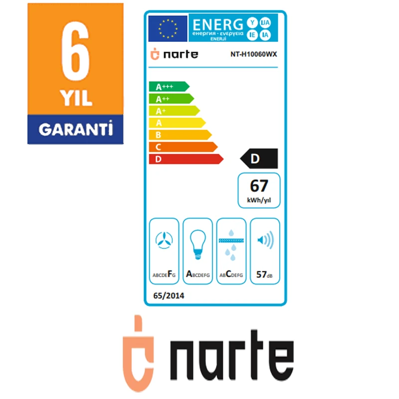 NARTE-H10060W 60CM BEYAZ CAM INOX CITALI ÇİFT CAMLI EĞİMLİ DAVLUMBAZ