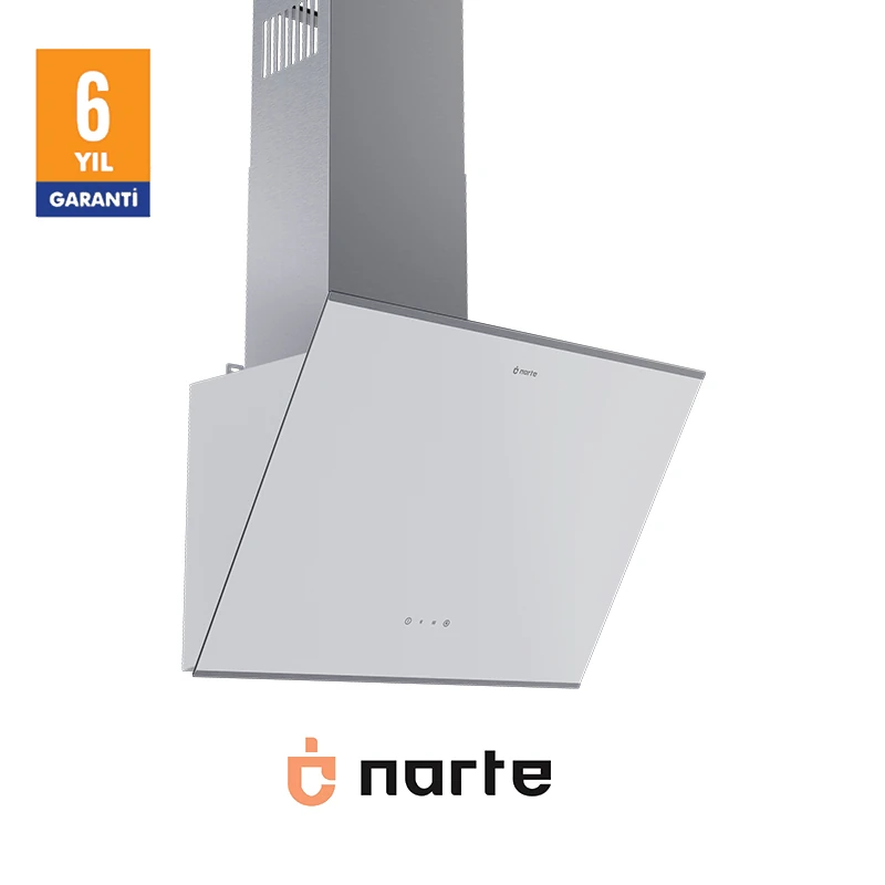 NARTE -H20060W 60 CM Beyaz Cam Inox Çıtalı Eğimli Davlumbaz - 6 YIL GARANTİLİ
