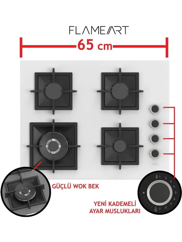 Flowart Serisi Beyaz Set (SC406-WFA + QBL63CB +D078 ) - Döküm Izgara / 65 cm Ocak