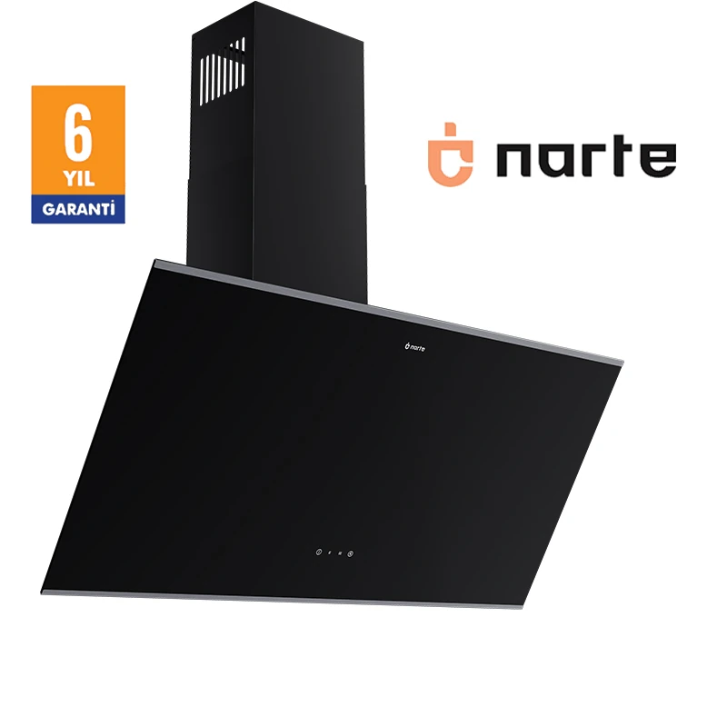 NARTE -H20090BX 90 CM Siyah Cam Inox Çıtalı Eğimli Davlumbaz - 6 YIL GARANTİLİ