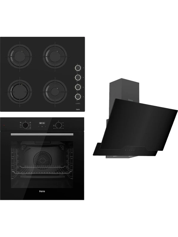 Flowart-Flameart Serisi Siyah Set (CS205-FA + QBL63CS +D063) - Emaye Izgara / Kademeli Musluk