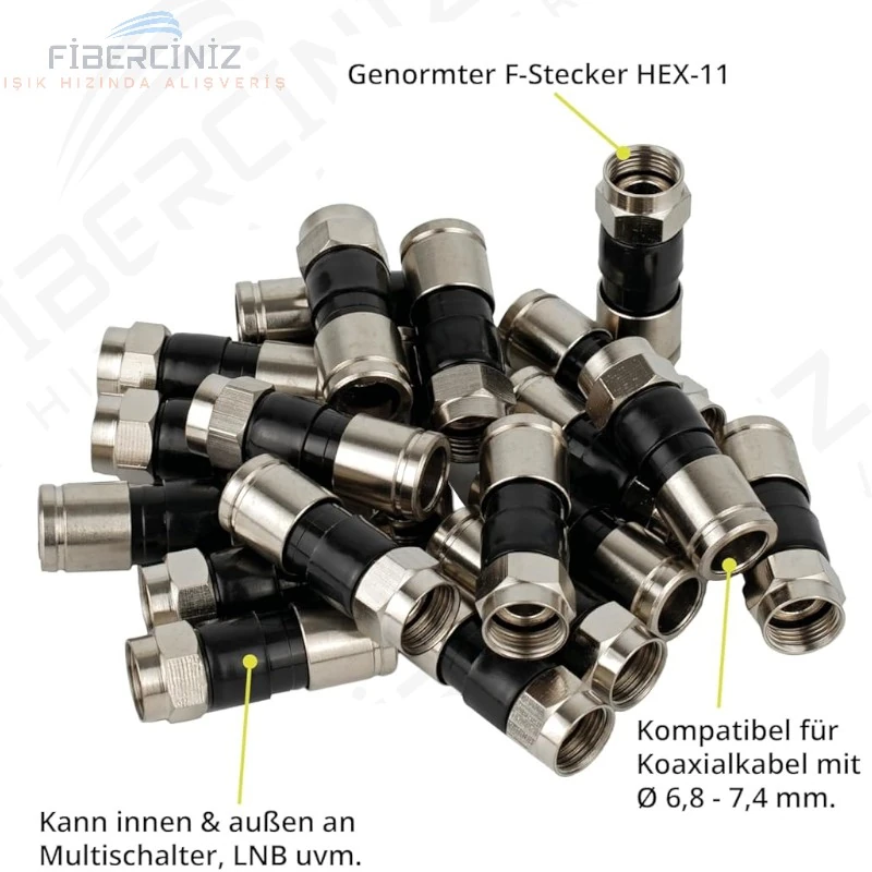 RG-6 Siyah Sıkmalı Tip F Konnektör (50'li Paket)