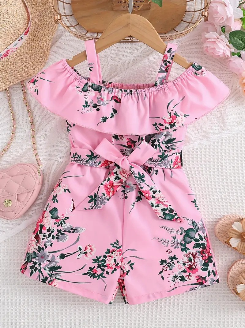 Pembe Çiçek Desenli Kız Çocuk Tulum