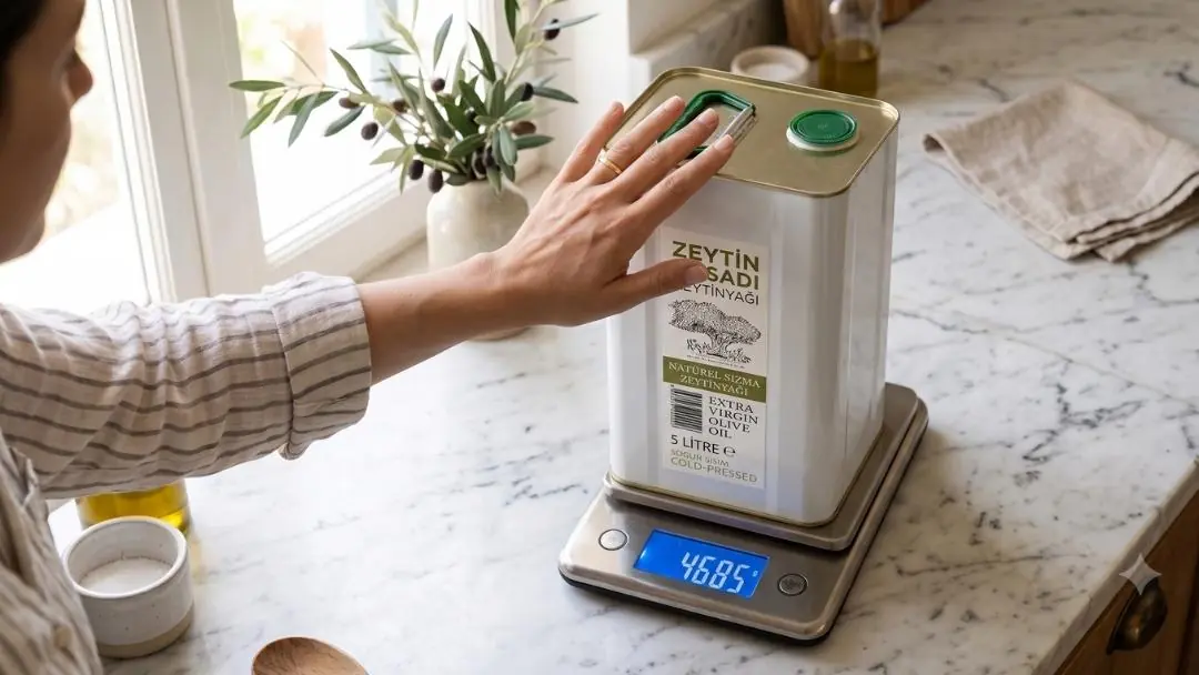 Mutfak terazisinde tartılan zeytinyağı ambalajı — 1 litre zeytinyağı kaç kg gelir sorusunun ölçümü