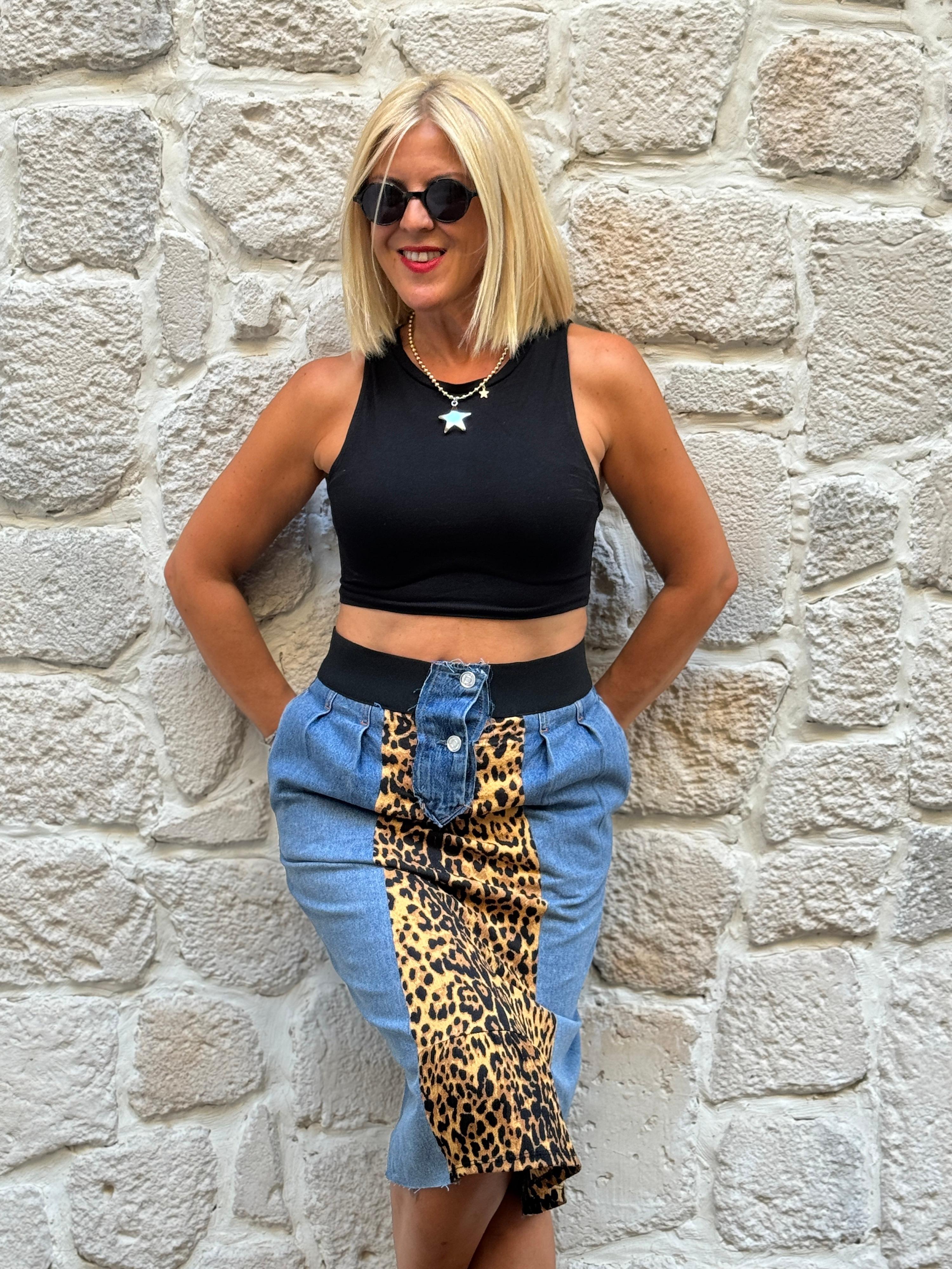 Leopar Detay Midi Kot Etek