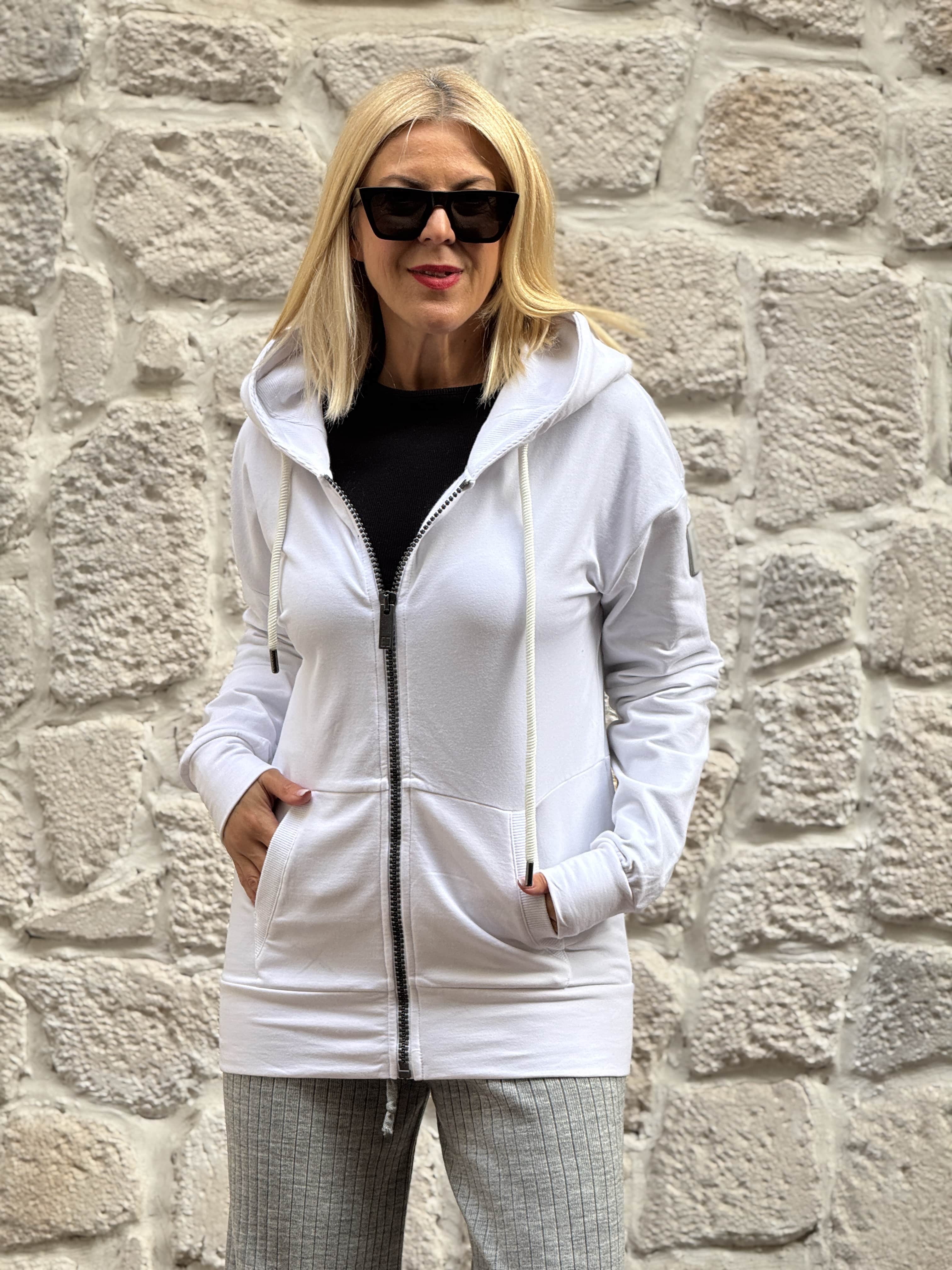 Olveo Kapüşonlu Uzun Sweat Ceket - BEYAZ