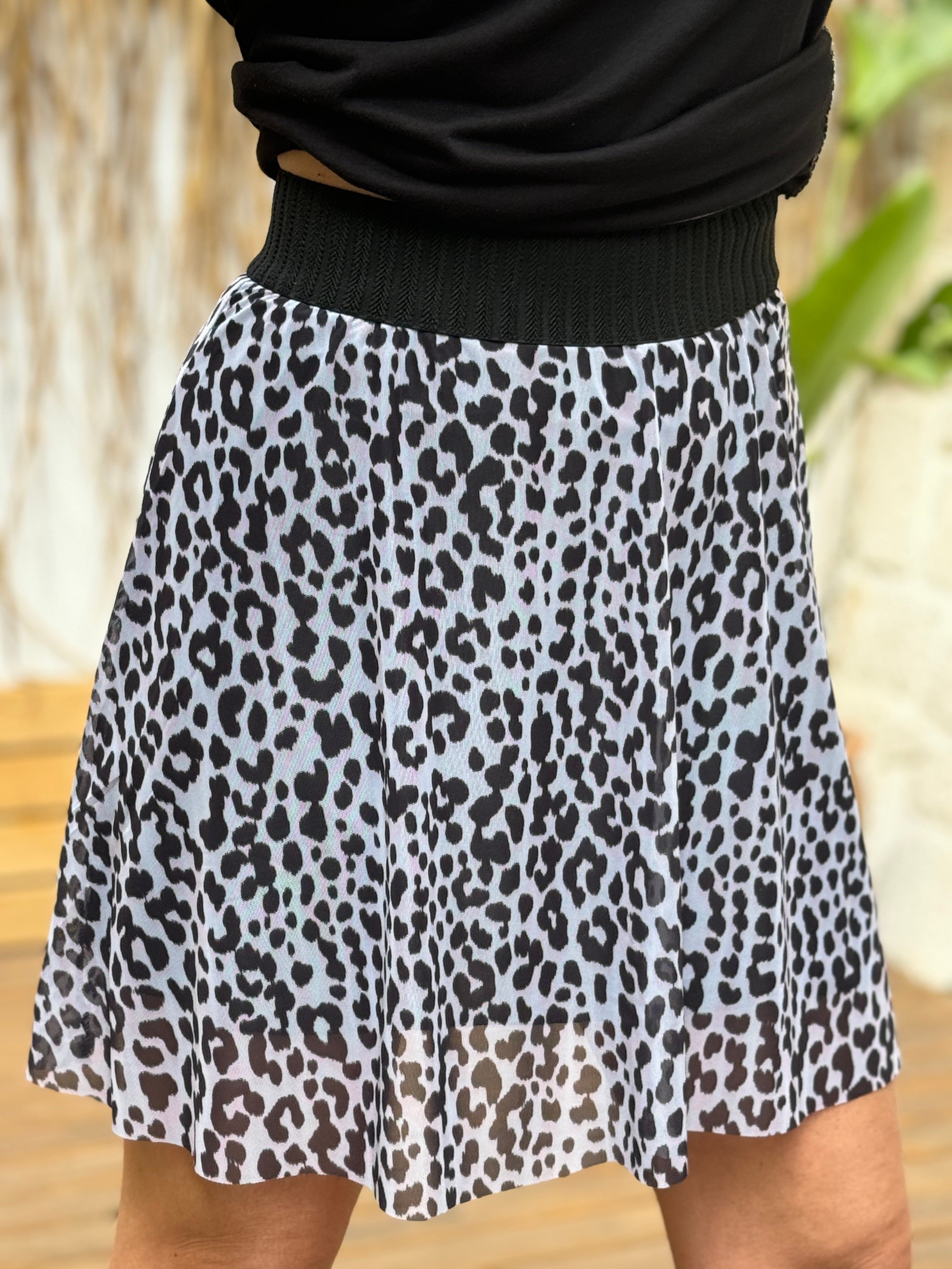 Leopar Desen Astarlı Mini Tül Etek