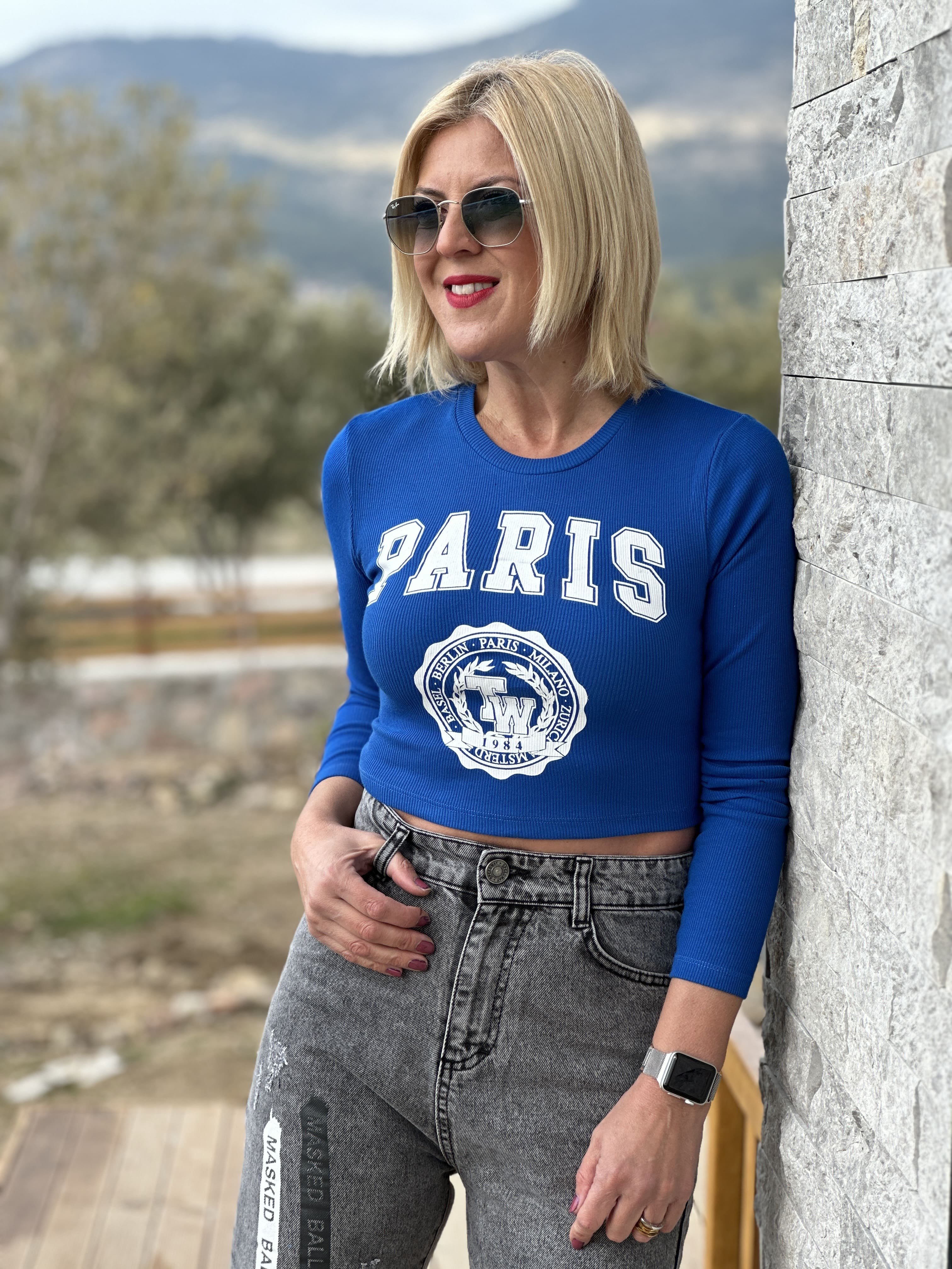 Baskılı Mavi Crop