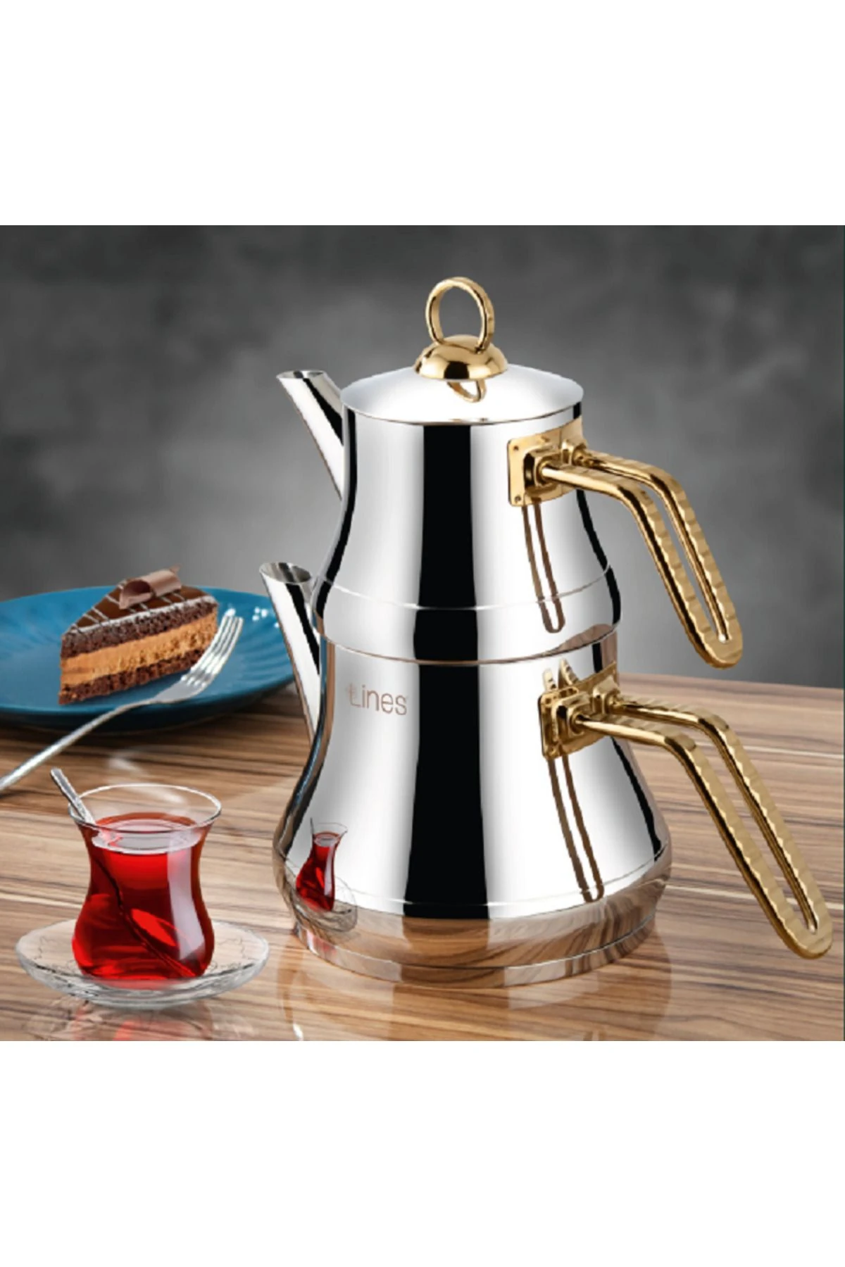 Naz Altın Metal Kulp Kendinden Süzgeçli Çelik Çaydanlık Mini Boy