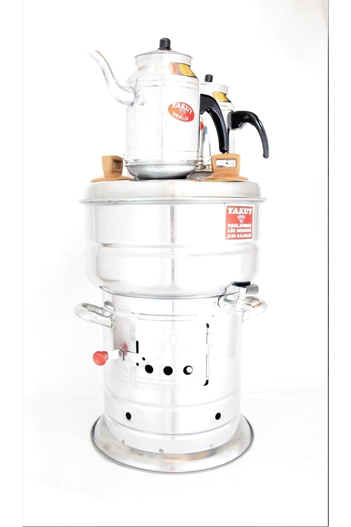 Paslanmaz Lüx Çay Semaveri Odunlu Krom Çelik Piknik Büyük Boy 10 lt+ Semaver Demliği 1,35 lt