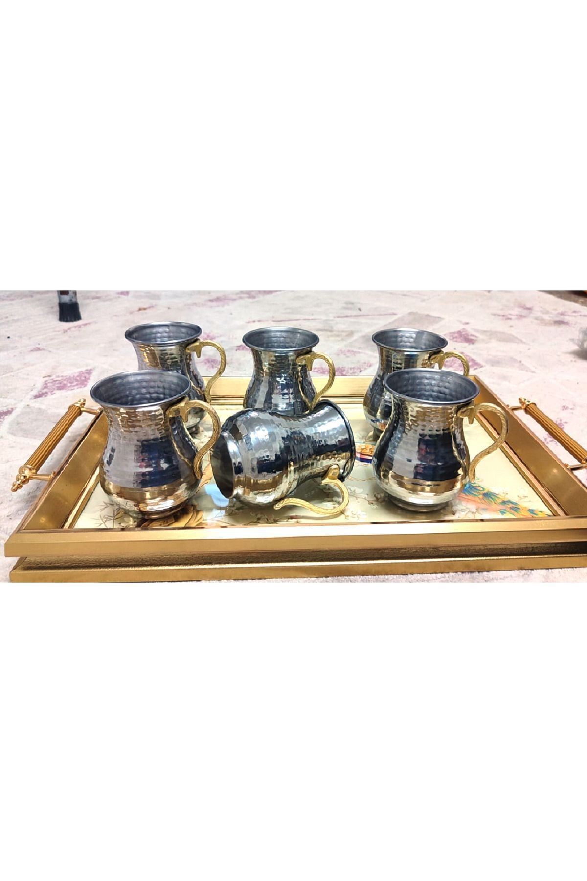 Lüks Krom Çekiç Dövme 6'lı Büyük Maşrafa & Bardak