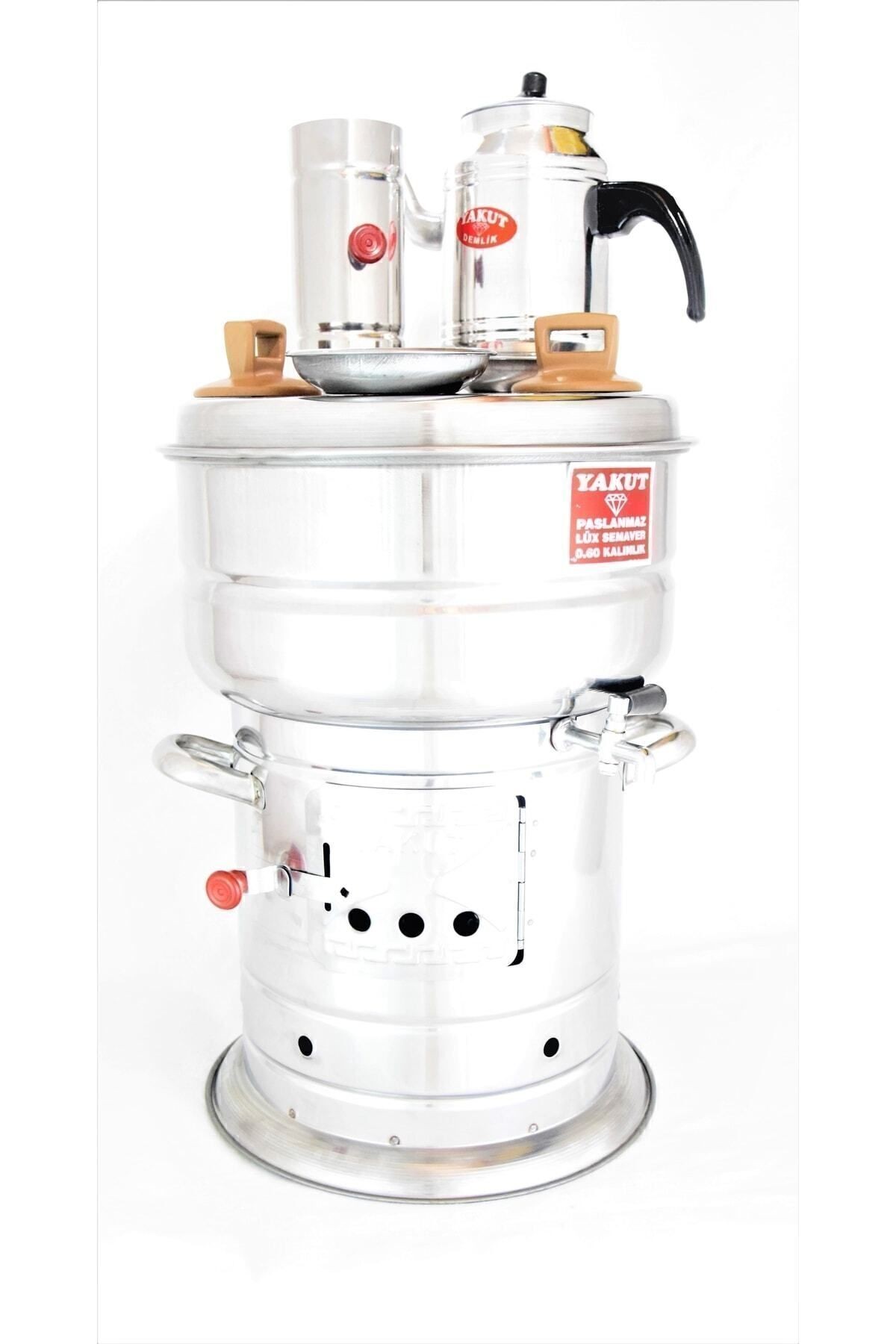Paslanmaz Lüx Çay Semaveri Odunlu Krom Çelik Piknik Büyük Boy 10 lt+ Semaver Demliği 1,35 lt