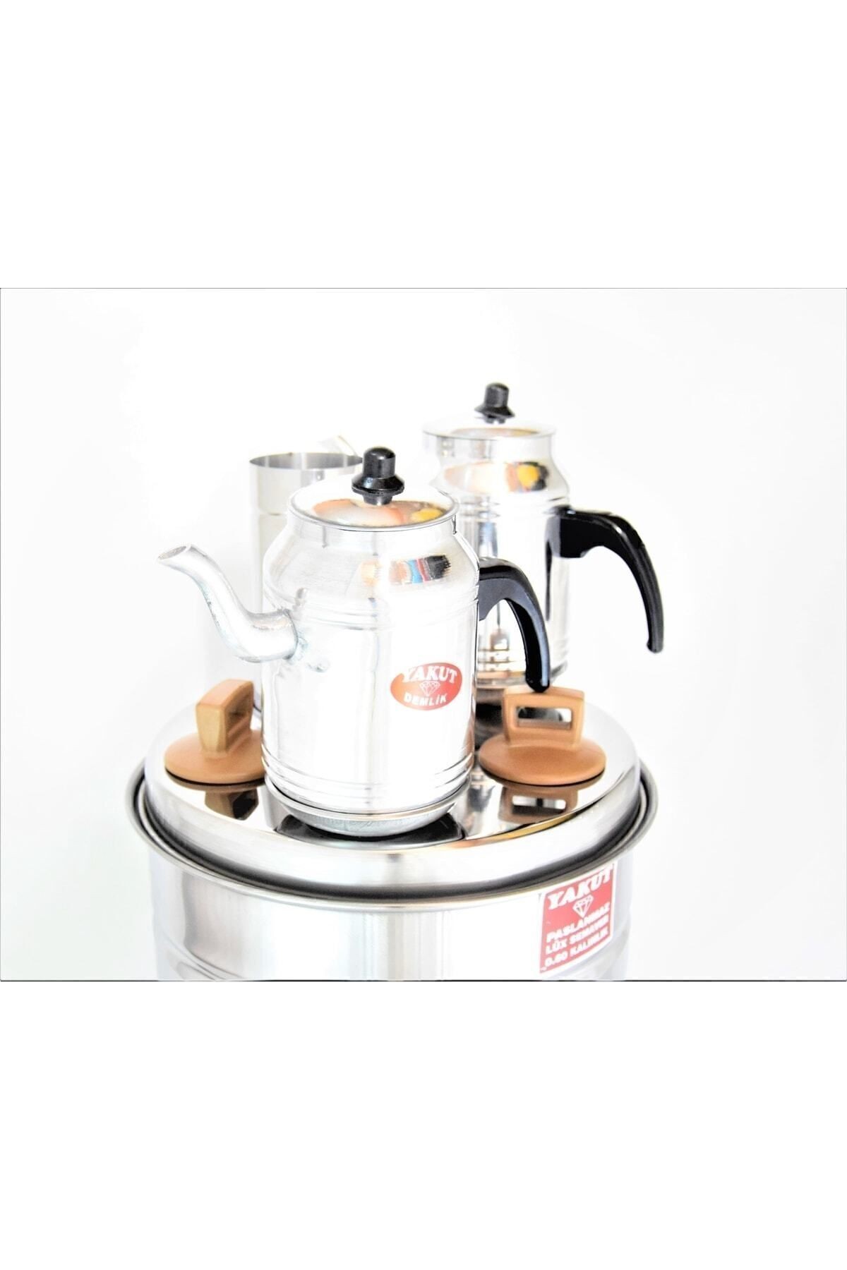 Paslanmaz Lüx Çay Semaveri Odunlu Krom Çelik Piknik Büyük Boy 10 lt+ Semaver Demliği 1,35 lt