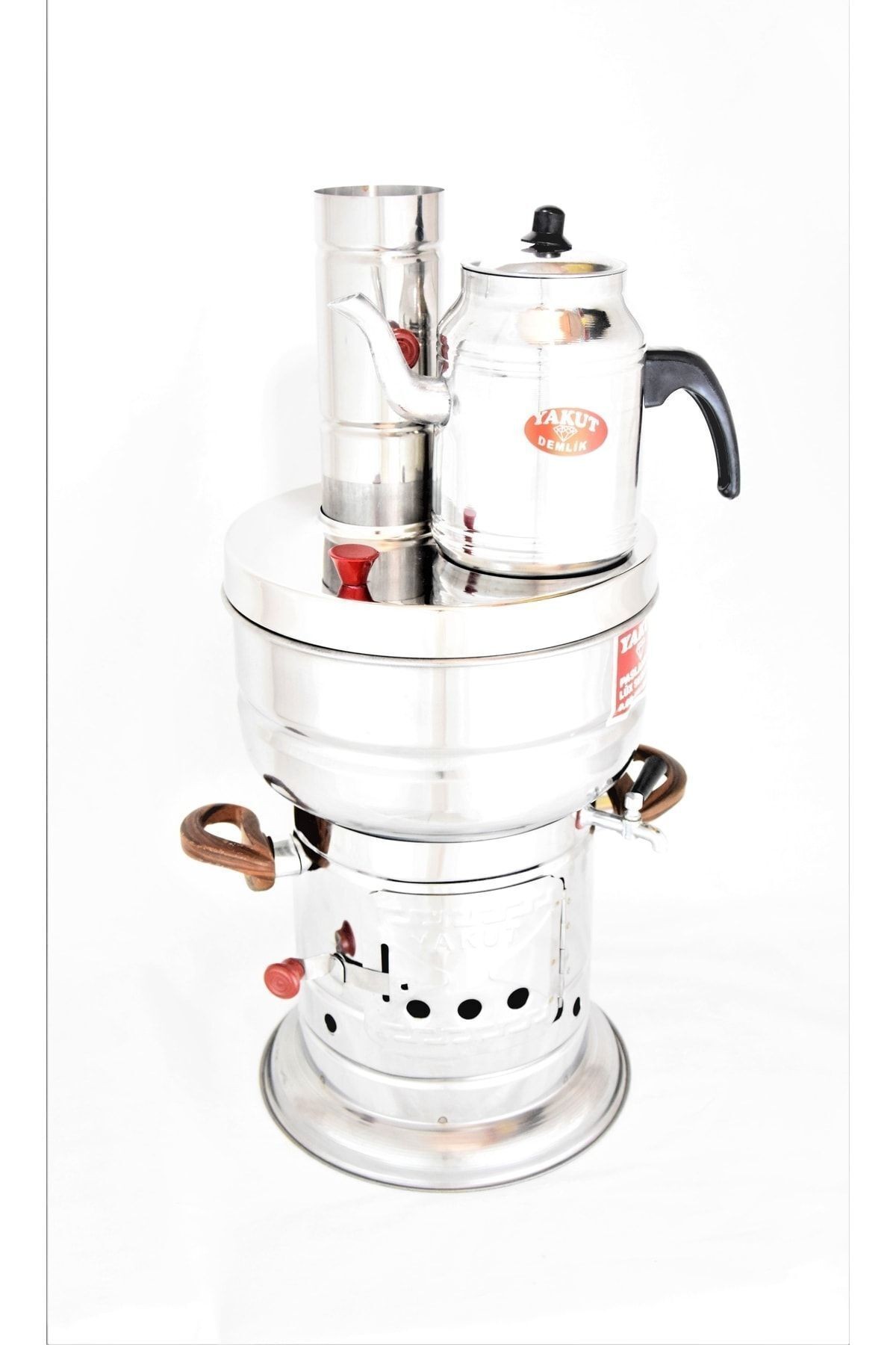 Paslanmaz Lüx Çay Semaveri Odunlu Krom Çelik Küçük Piknik Boy 4,60 lt + Semaver Demliği 1,35 lt