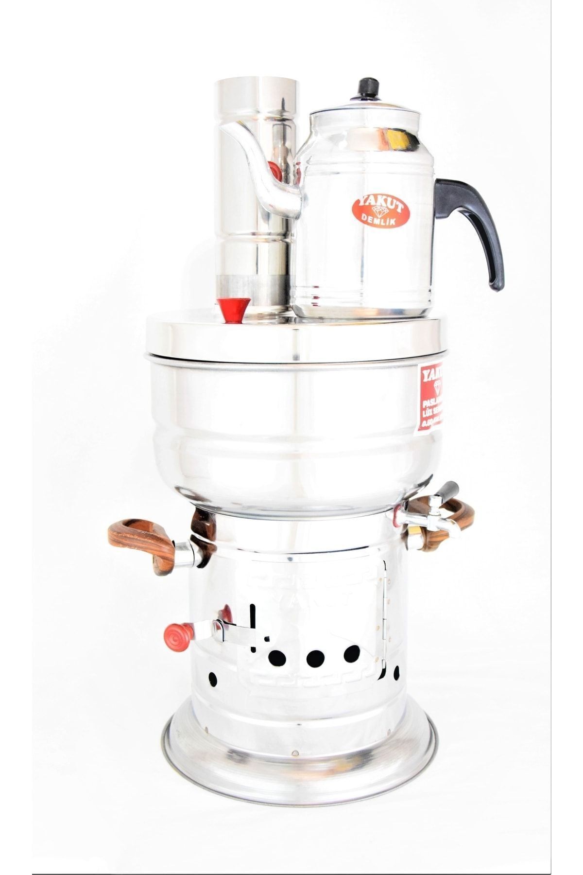 Paslanmaz Lüx Çay Semaveri Odunlu Krom Çelik Küçük Piknik Boy 4,60 lt + Semaver Demliği 1,35 lt