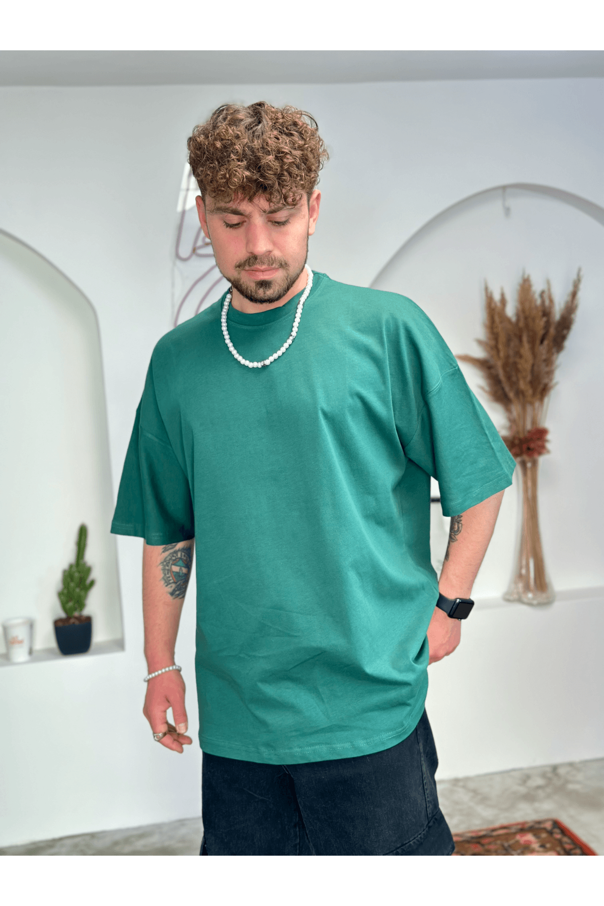 Oversize Benetton Yeşili Premium Dokulu Basic Tshirt HB01
