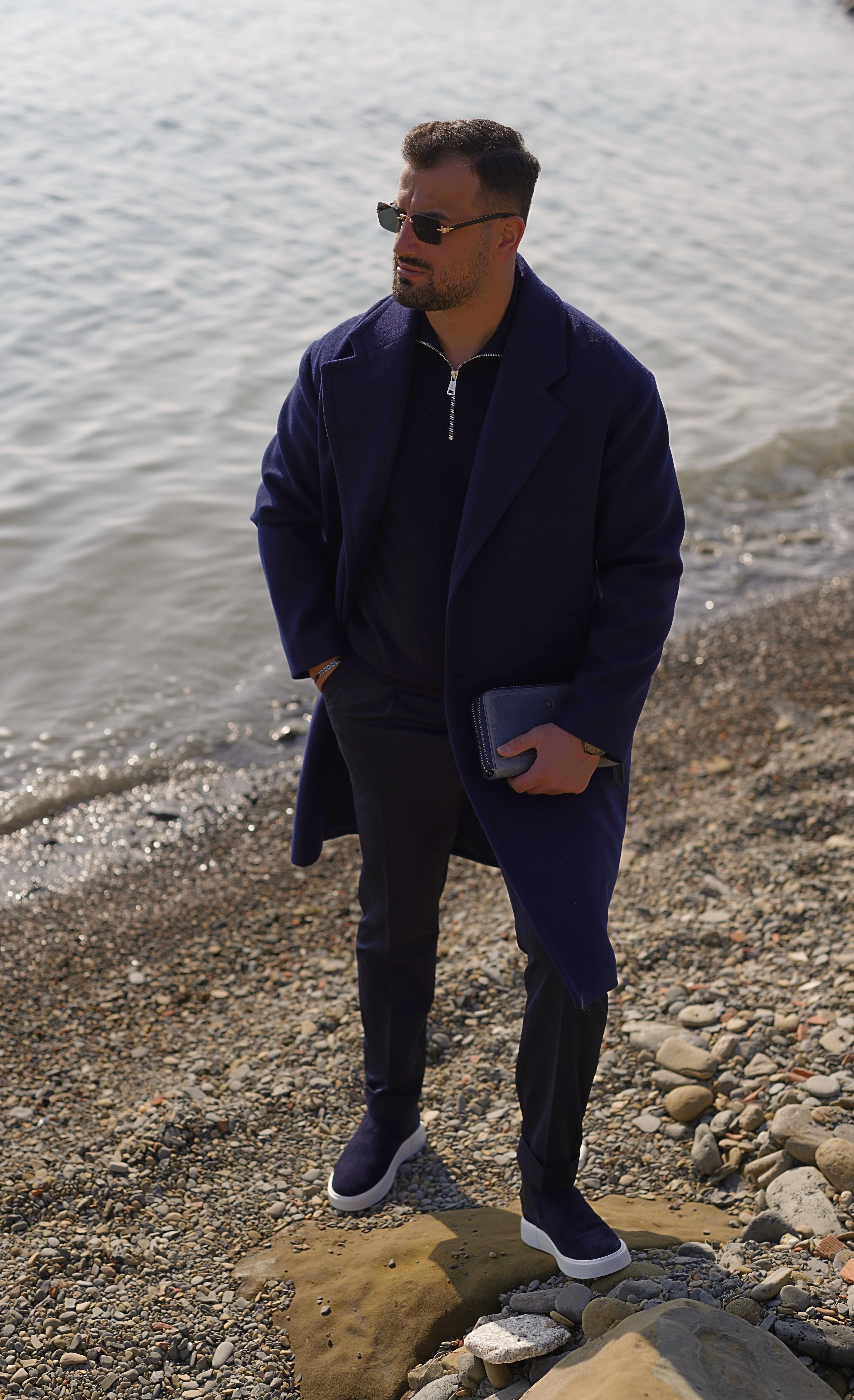 ÜÇ DÜĞME OVERSİZE LACİVERT KAŞE KABAN