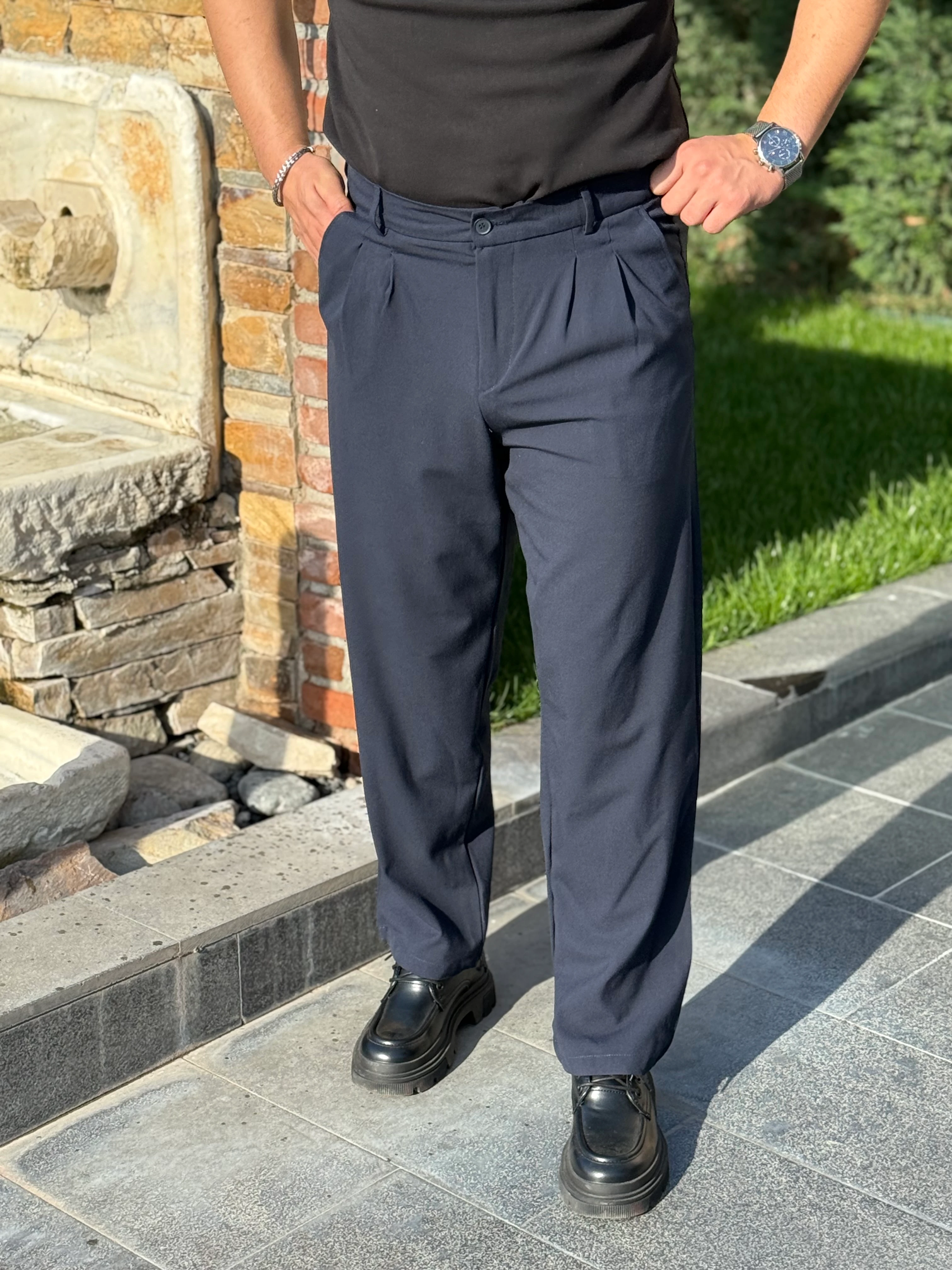 BAGGY LACİVERT PİLELİ KUMAŞ PANTOLON