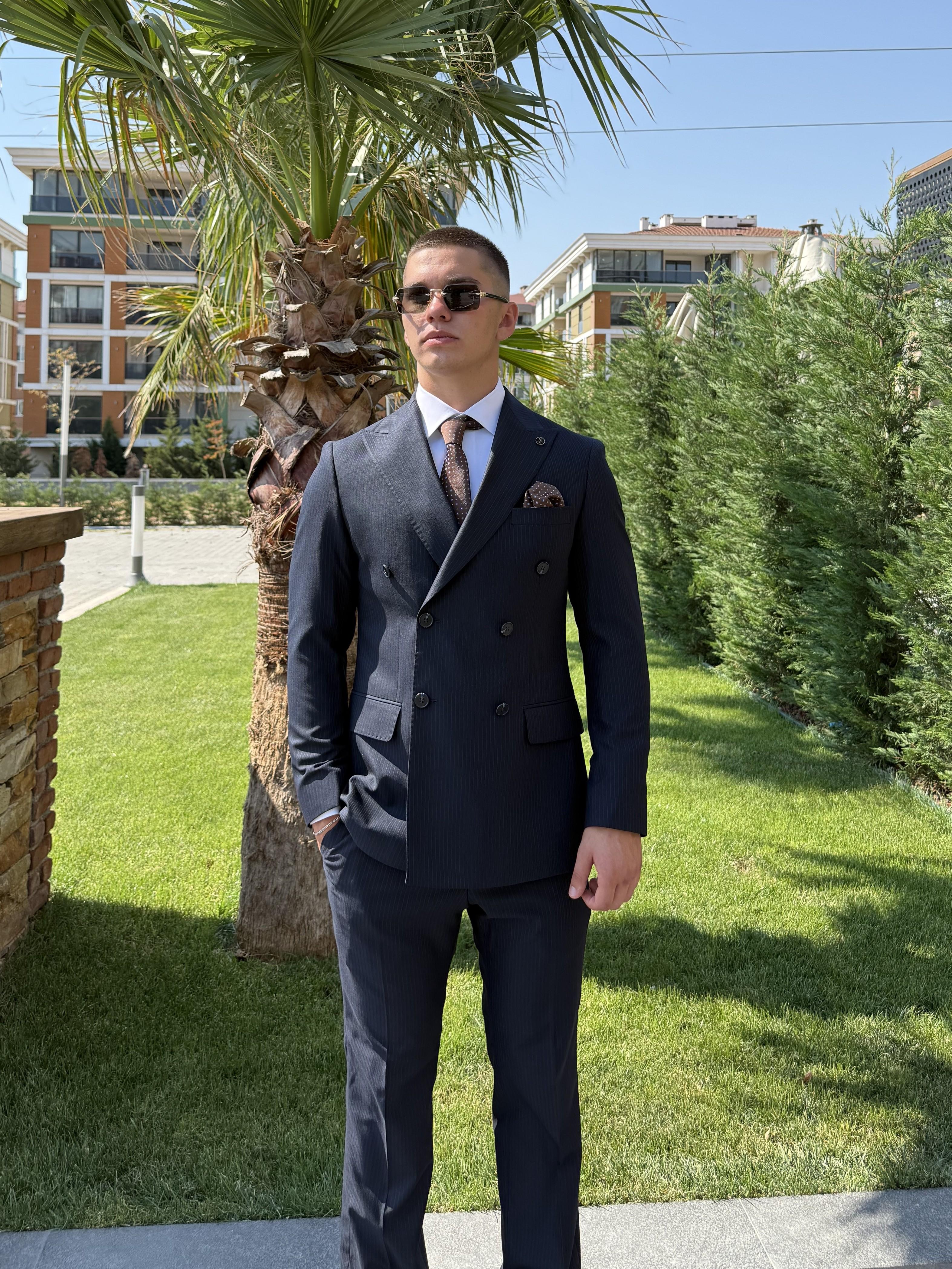 Çizgili Lacivert Kruvaze Takım