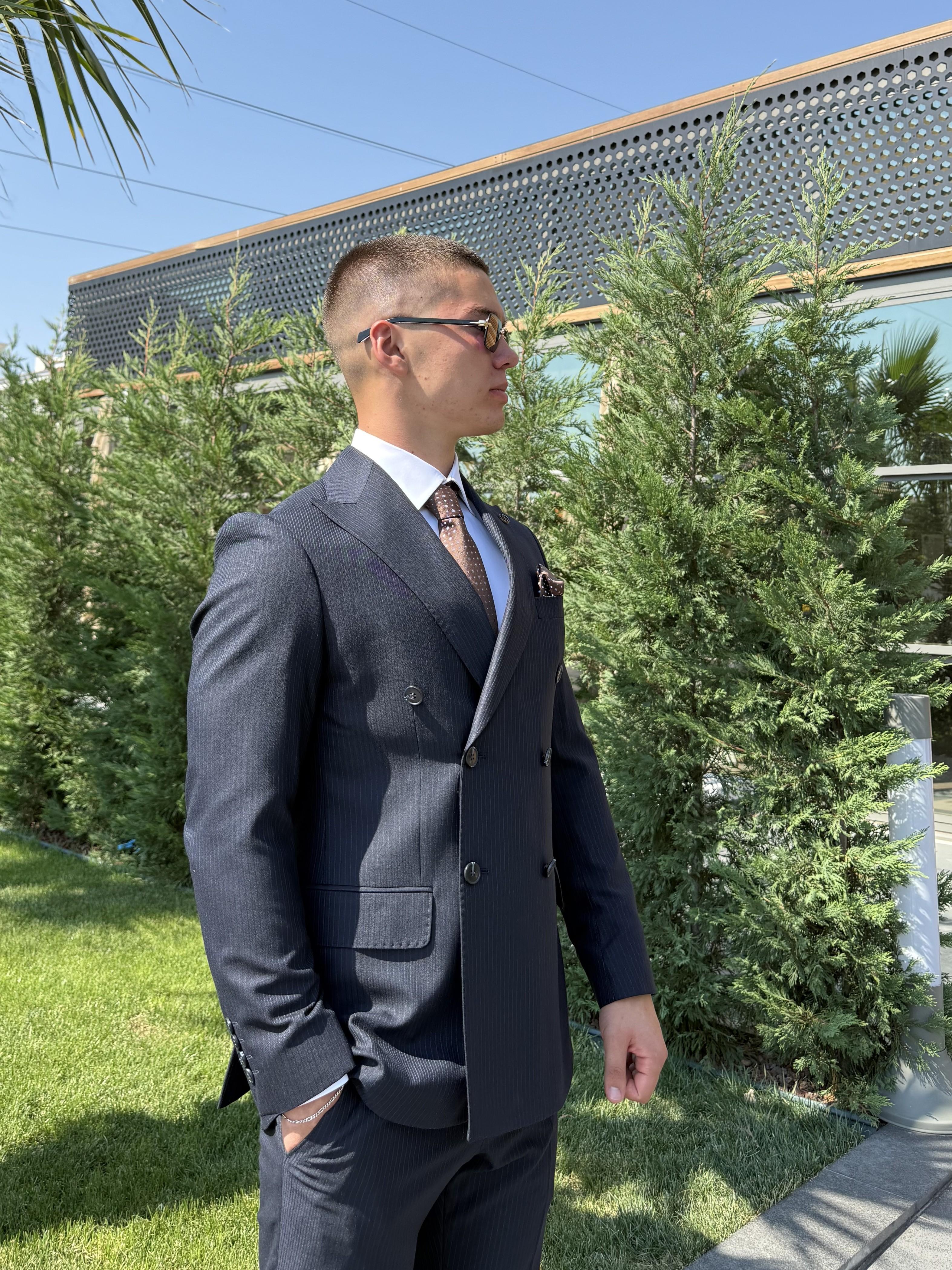 Çizgili Lacivert Kruvaze Takım