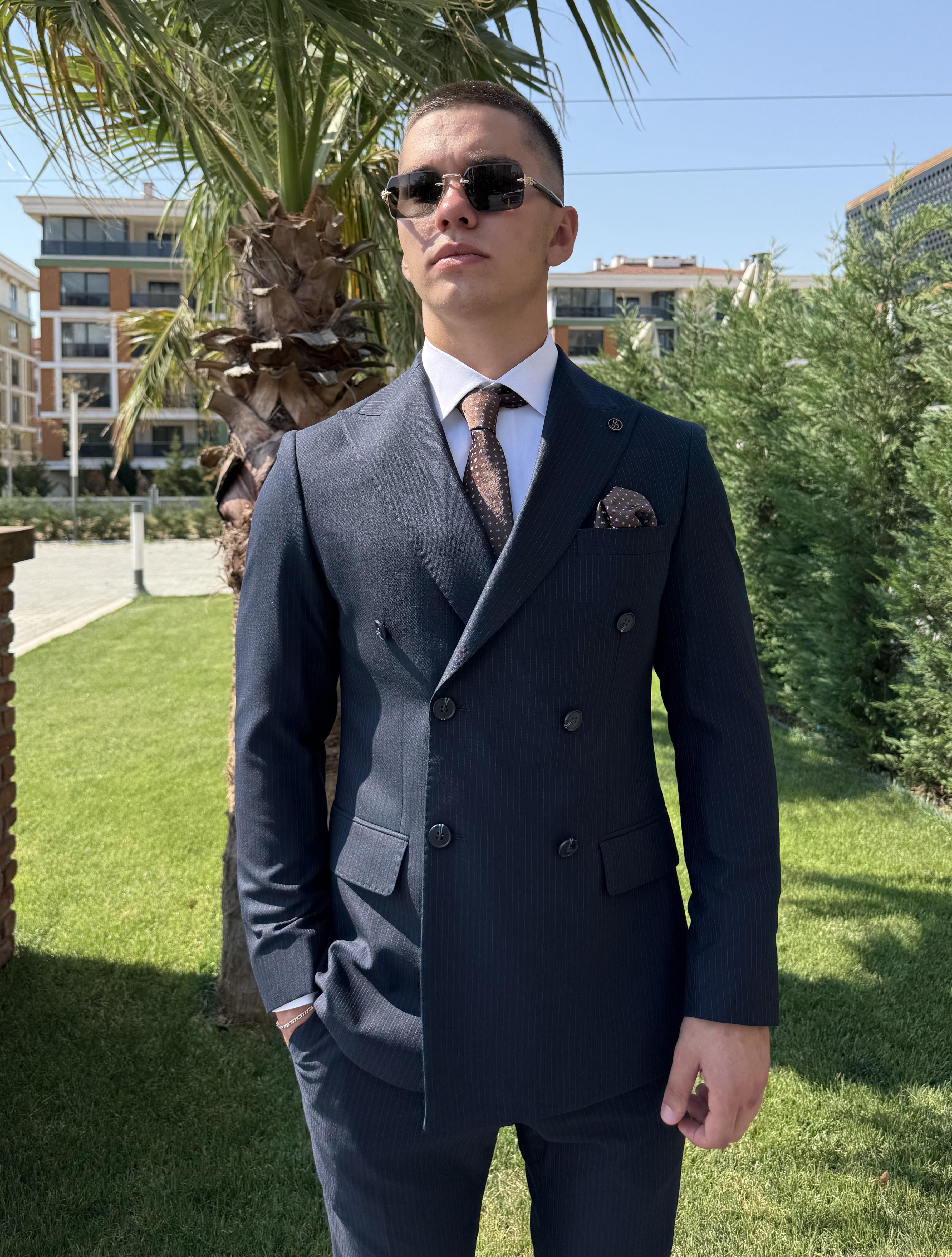 Çizgili Lacivert Kruvaze Takım