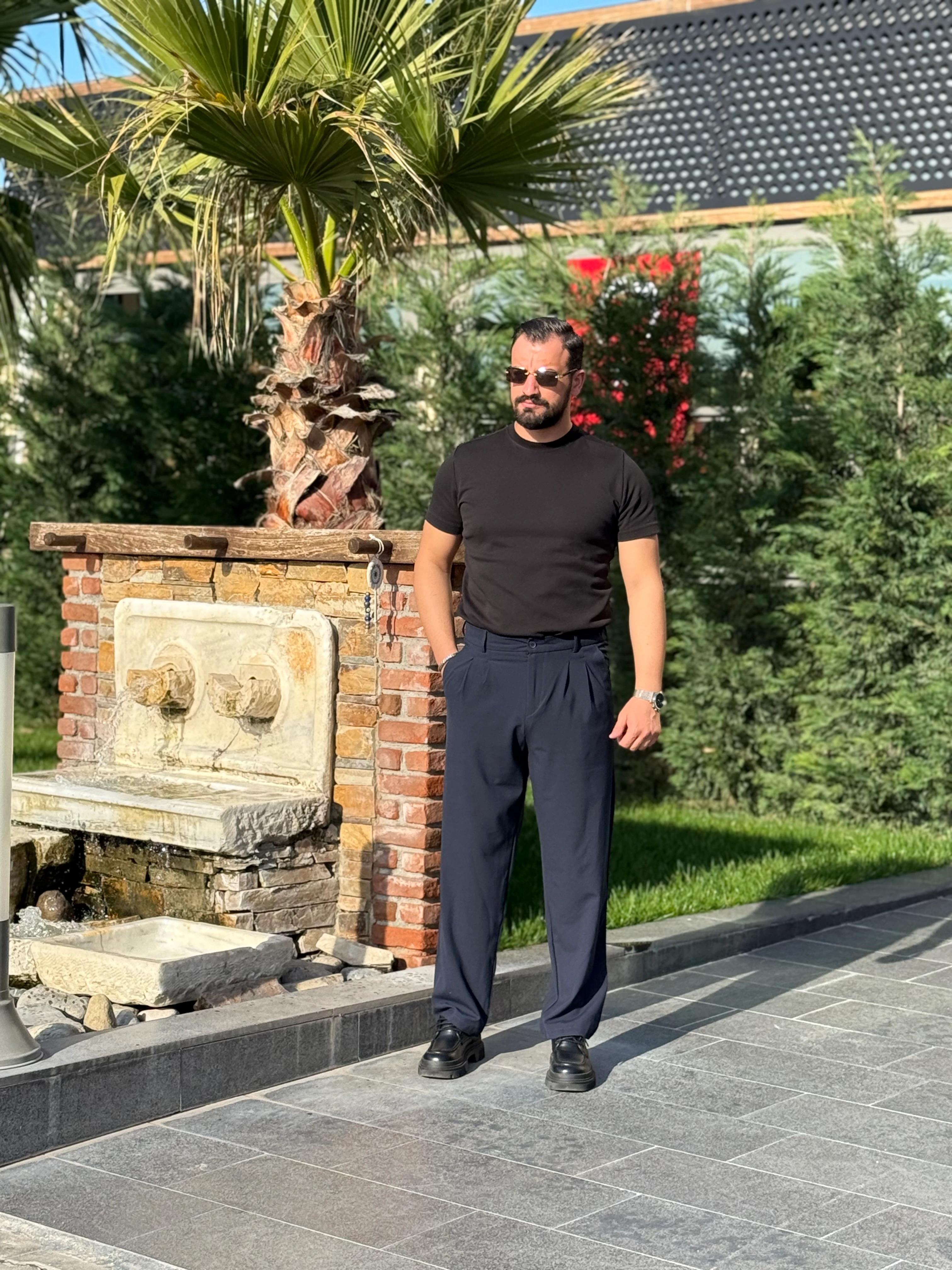 BAGGY LACİVERT PİLELİ KUMAŞ PANTOLON