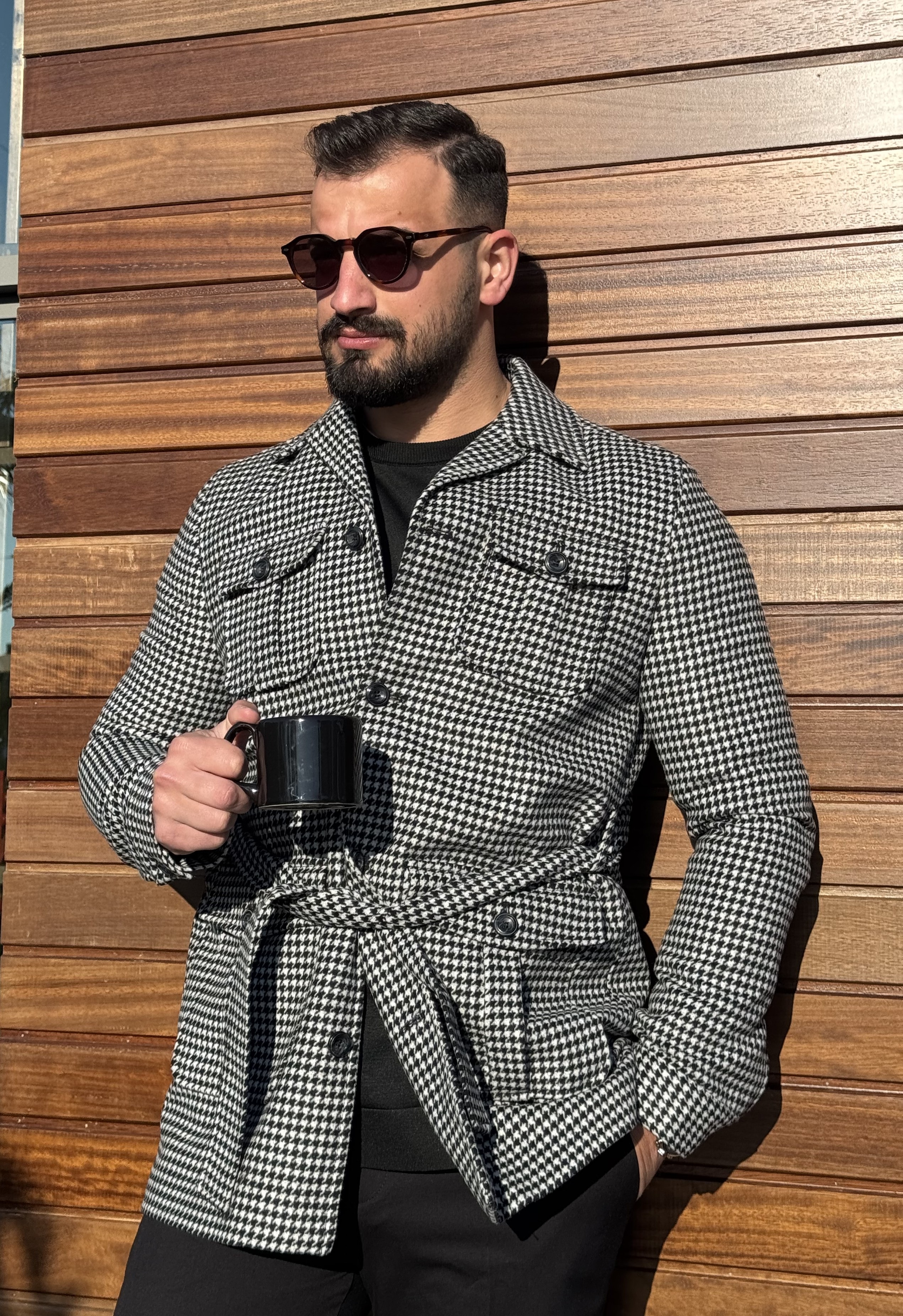 Kaz Ayağı Kuşak Detaylı Kısa Kaşe