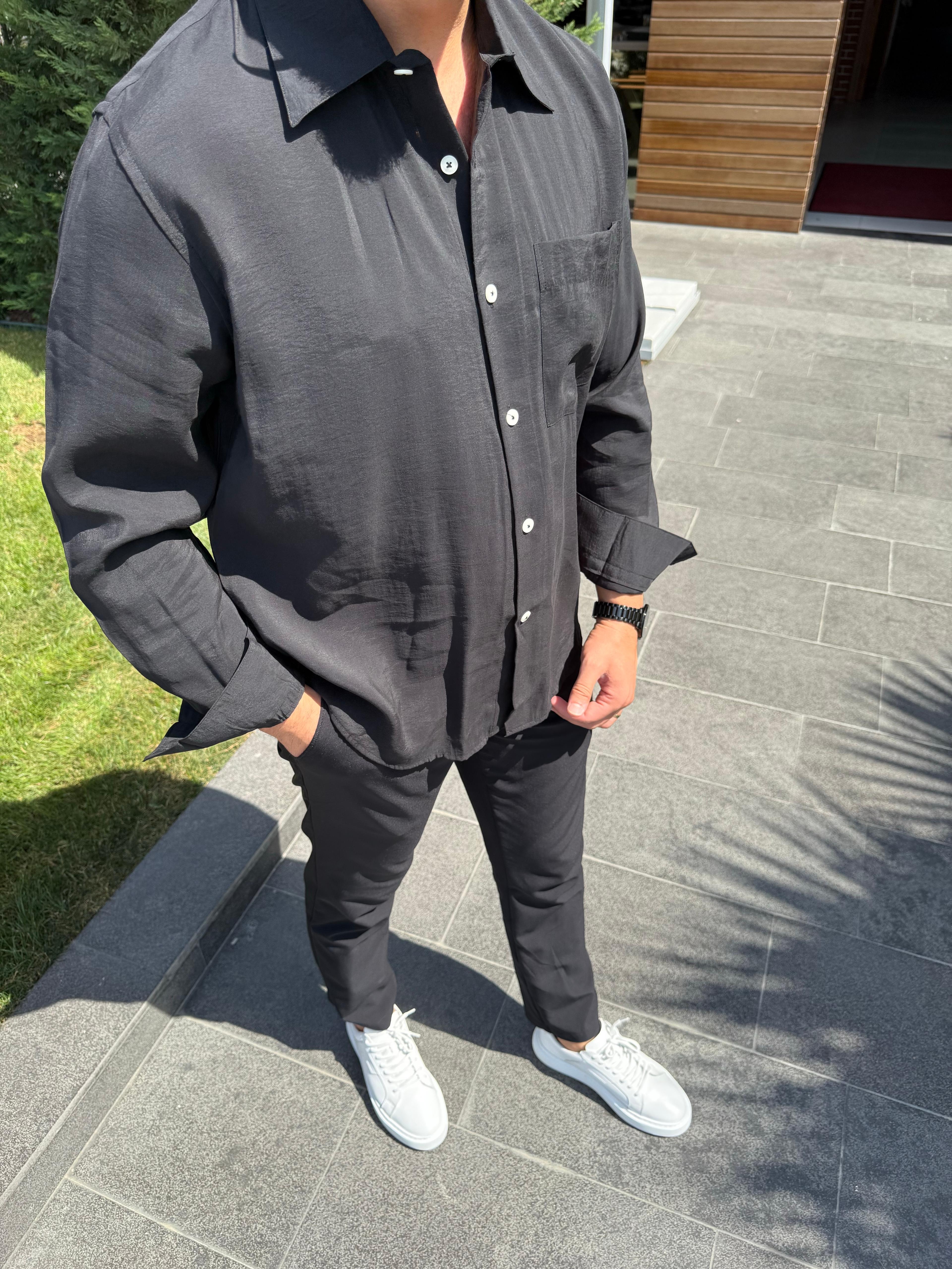 Modal Kumaş Oversize Siyah Gömlek