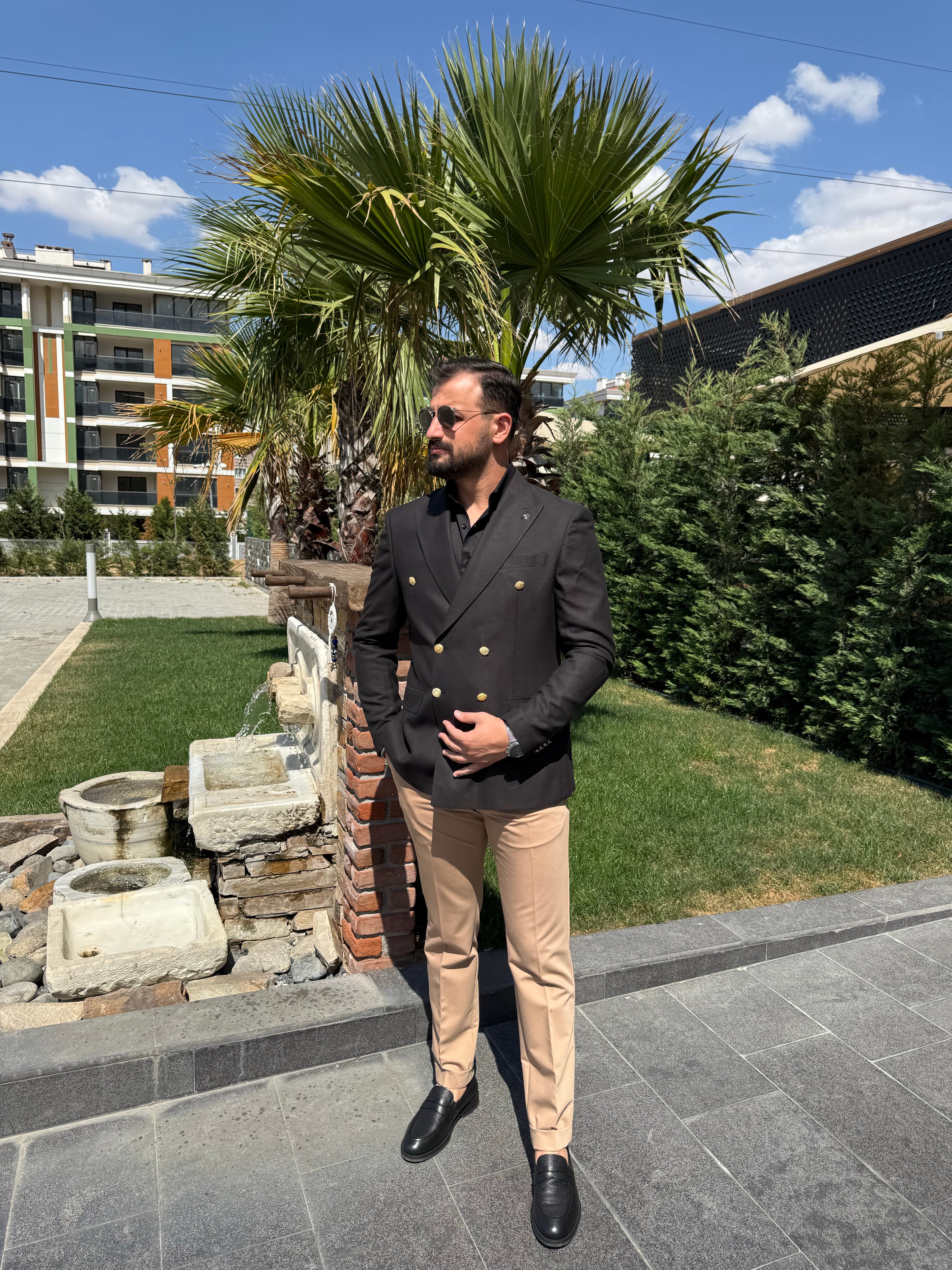Siyah Kruvaze Metal Düğme Tek ceket