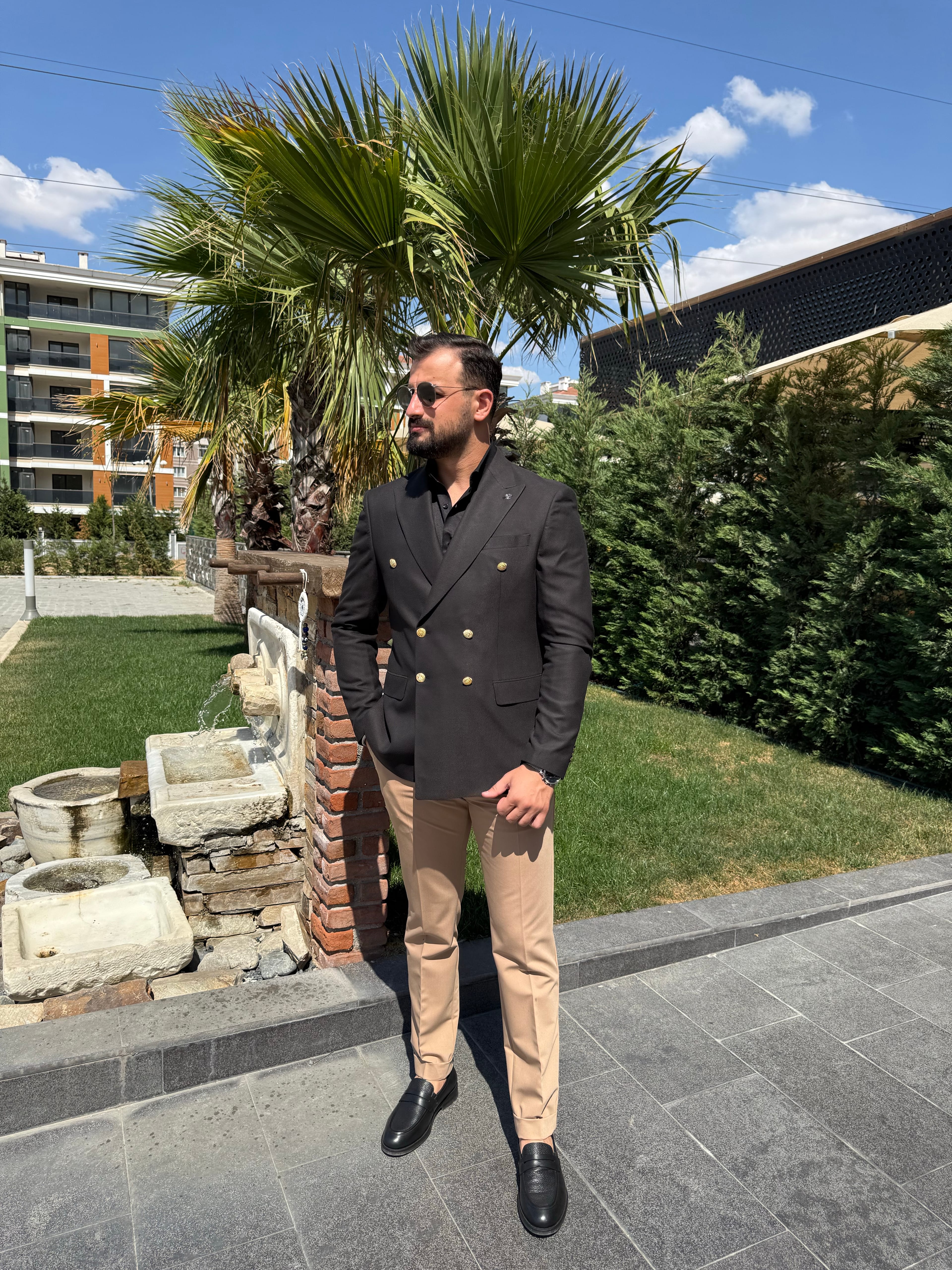 Siyah Kruvaze Metal Düğme Tek ceket