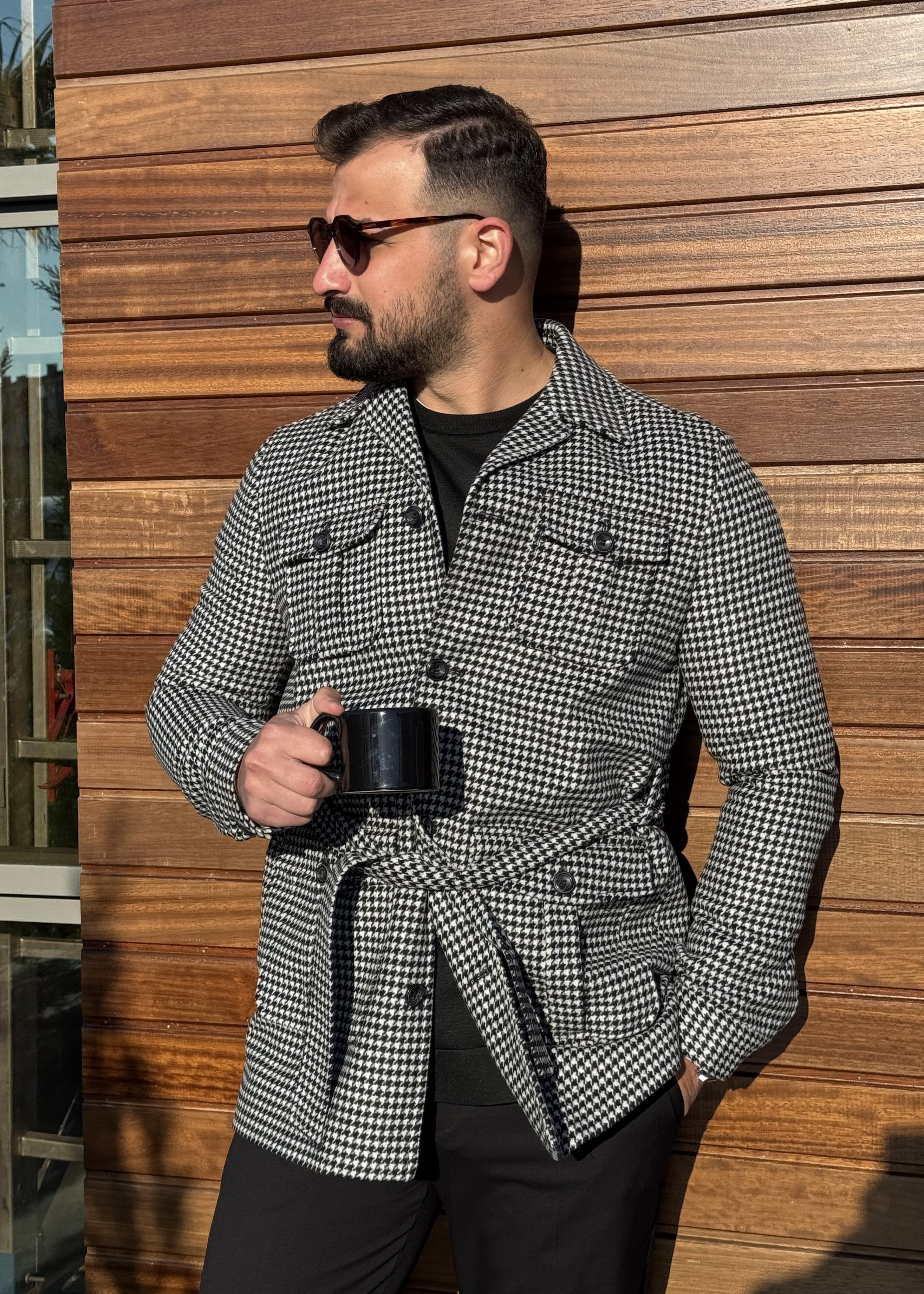 Kaz Ayağı Kuşak Detaylı Kısa Kaşe