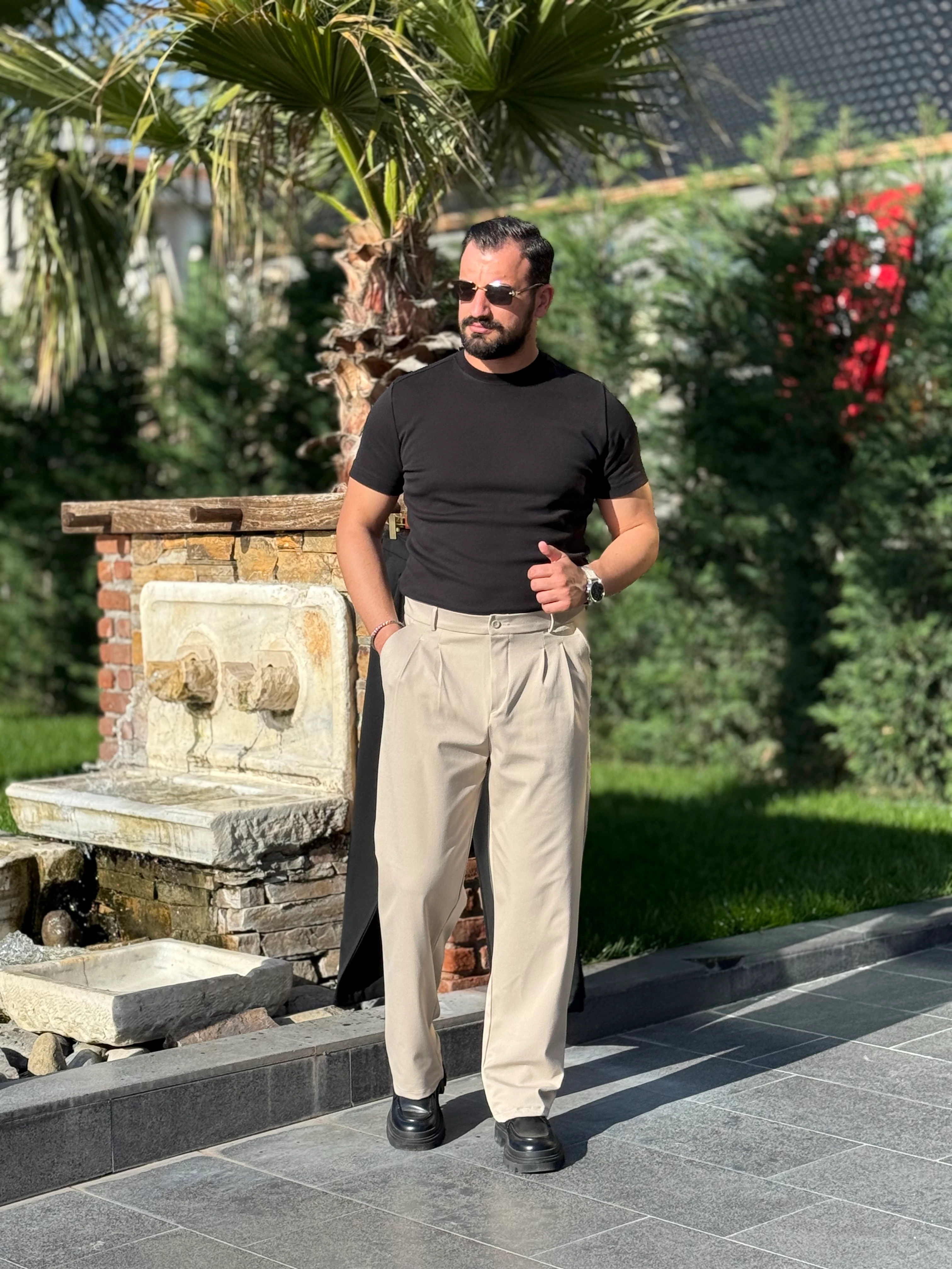 BAGGY KREM RENK PİLELİ KUMAŞ PAMTOLON