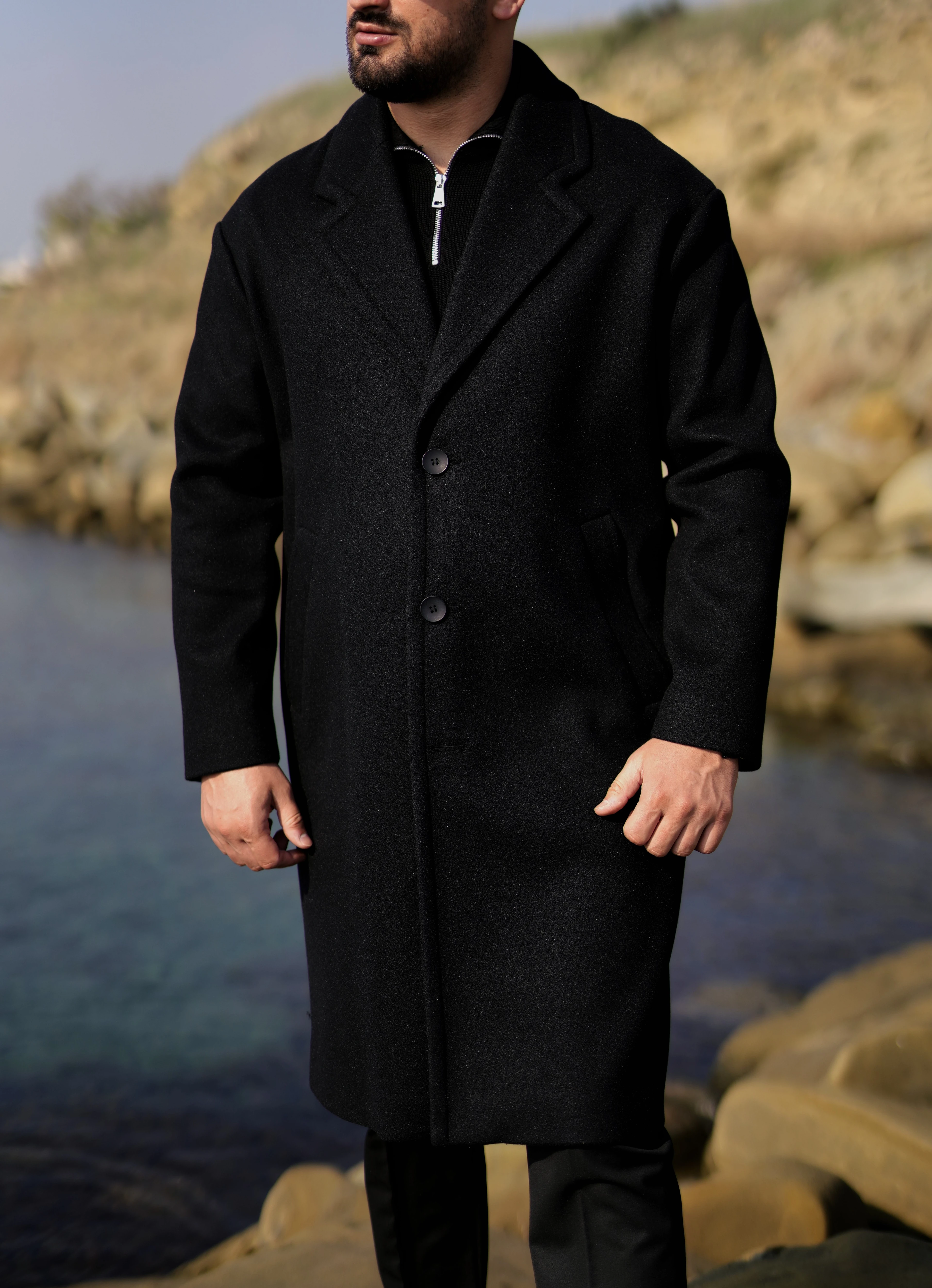 ÜÇ DÜĞME OVERSİZE SİYAH KAŞE KABAN