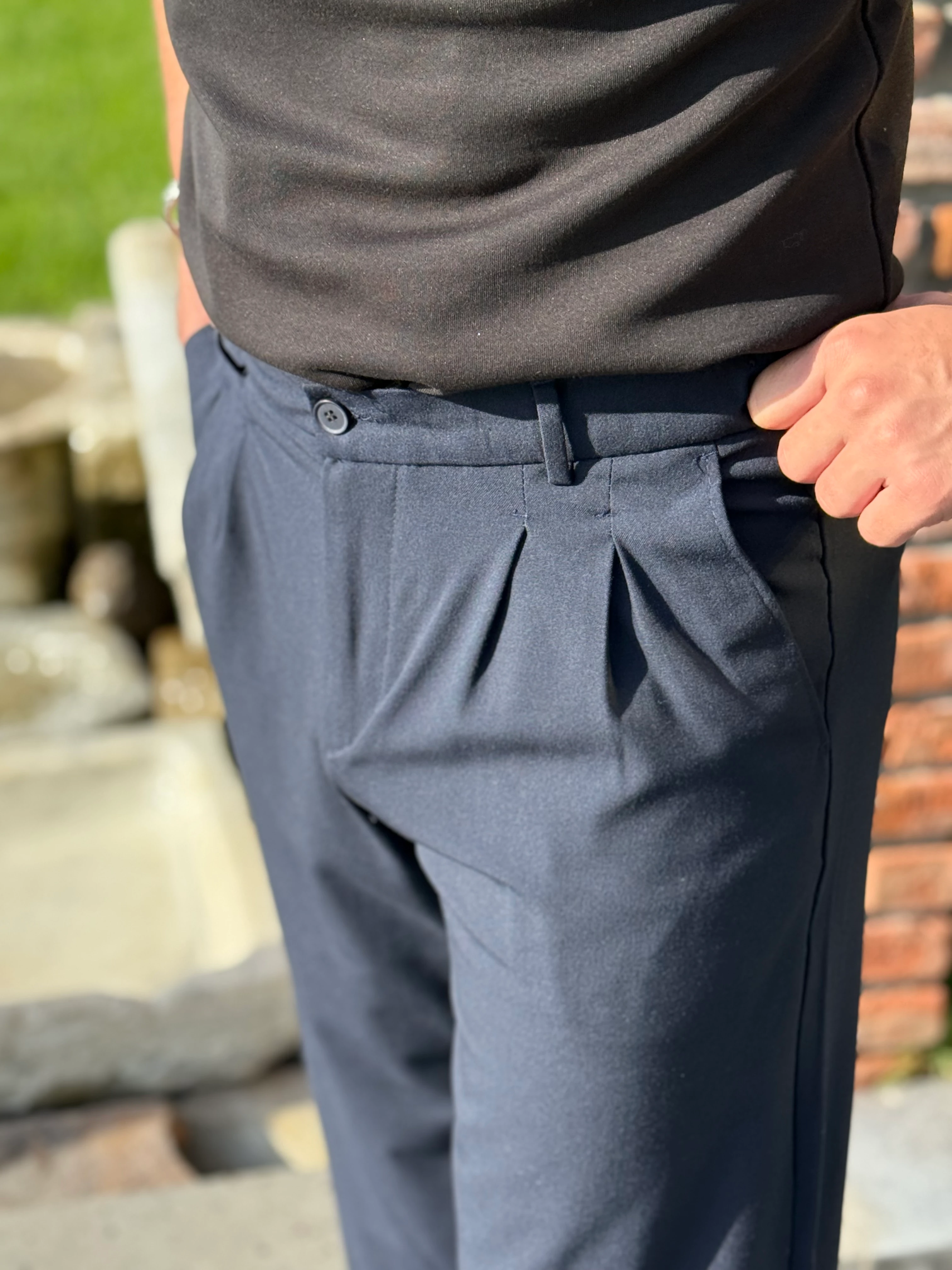 BAGGY LACİVERT PİLELİ KUMAŞ PANTOLON