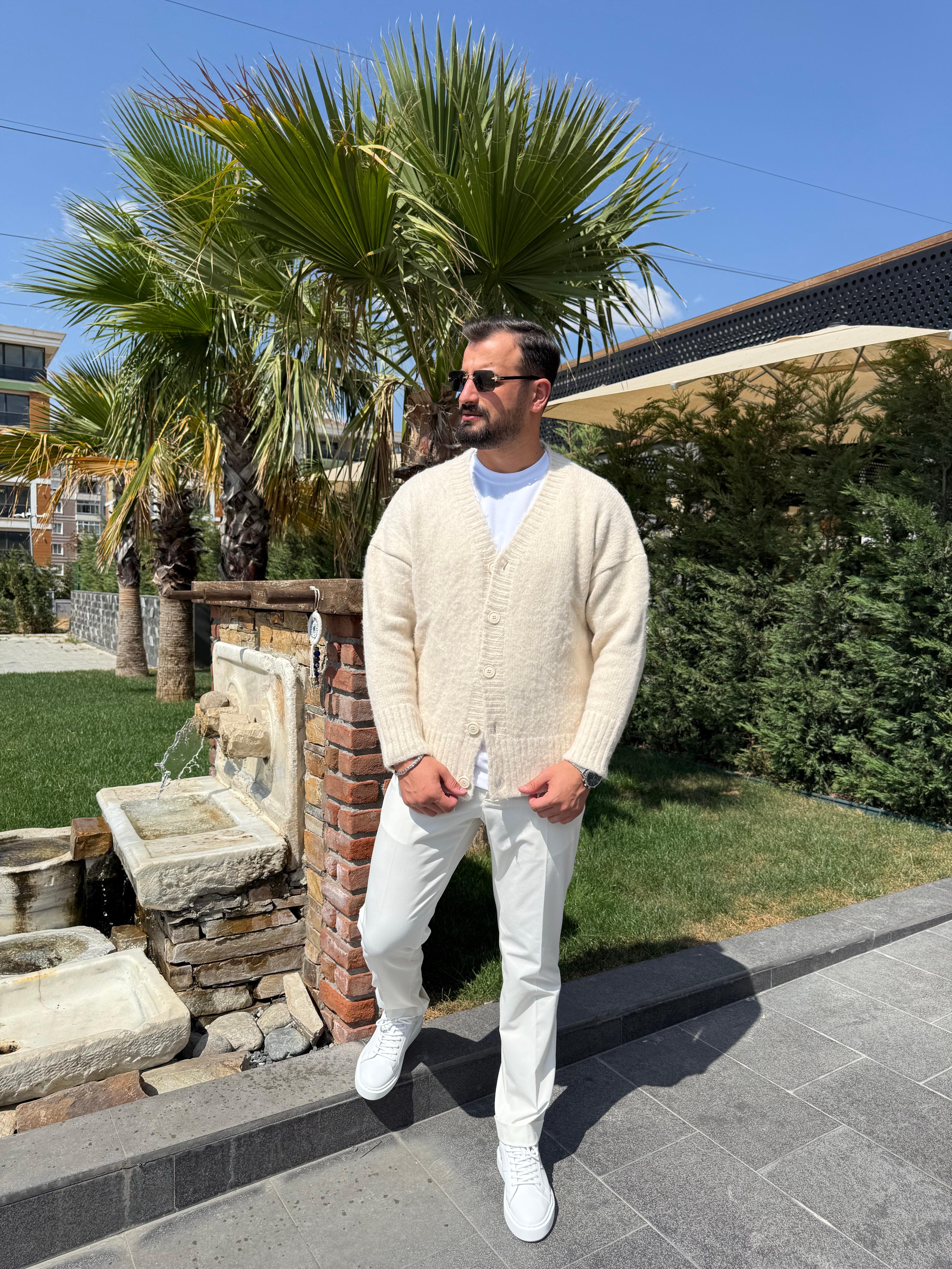 Bej Oversize Pamuklu Basıc Hırka