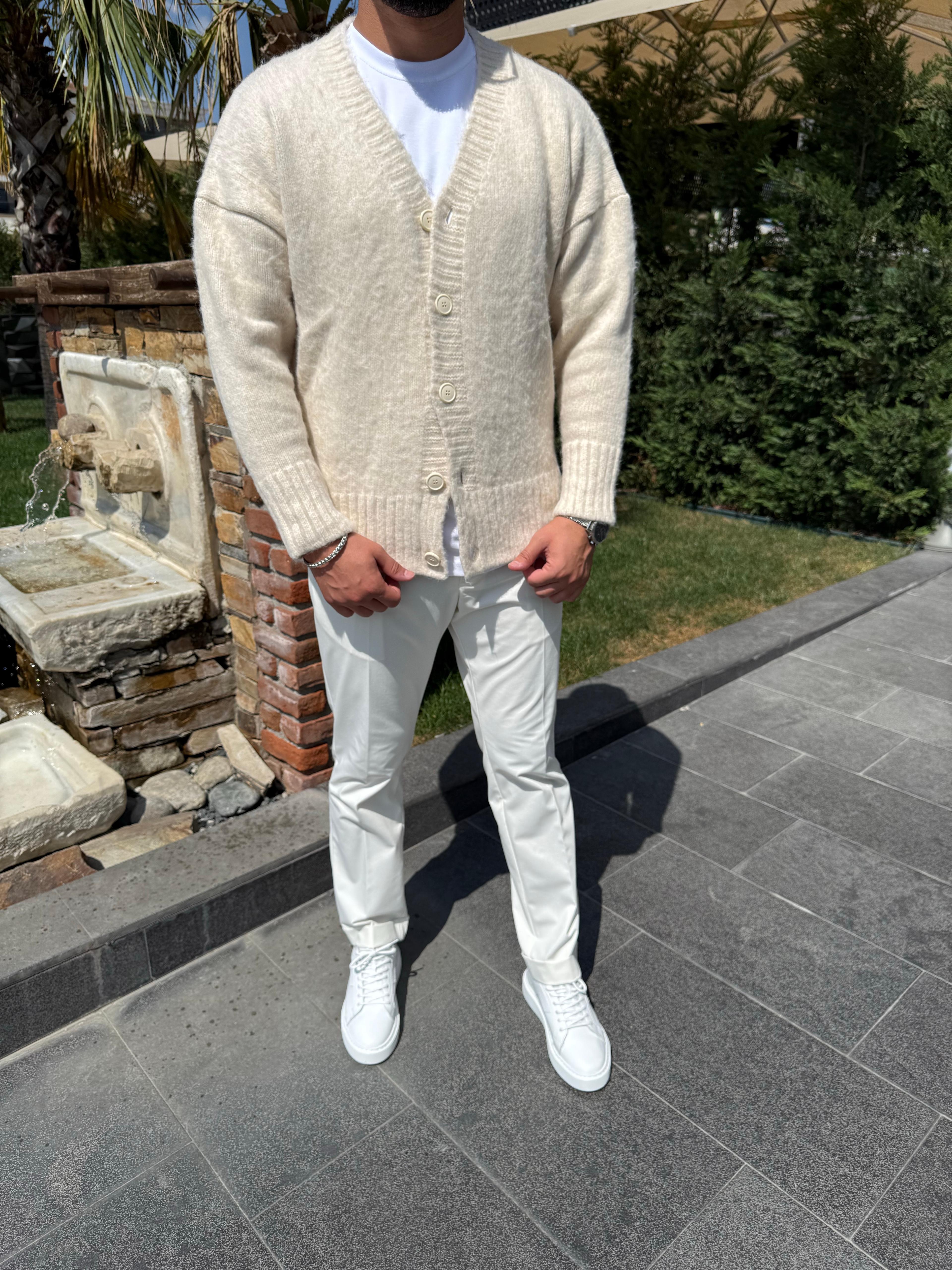 Bej Oversize Pamuklu Basıc Hırka