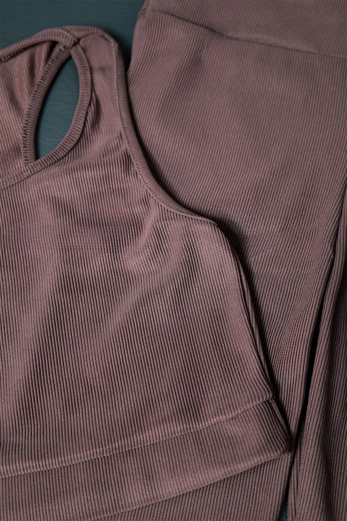 Yüksek Bel, Fitilli, Bermuda, Toparlayıcı Spor Tayt Crop Takım   - Koyu Kahverengi
