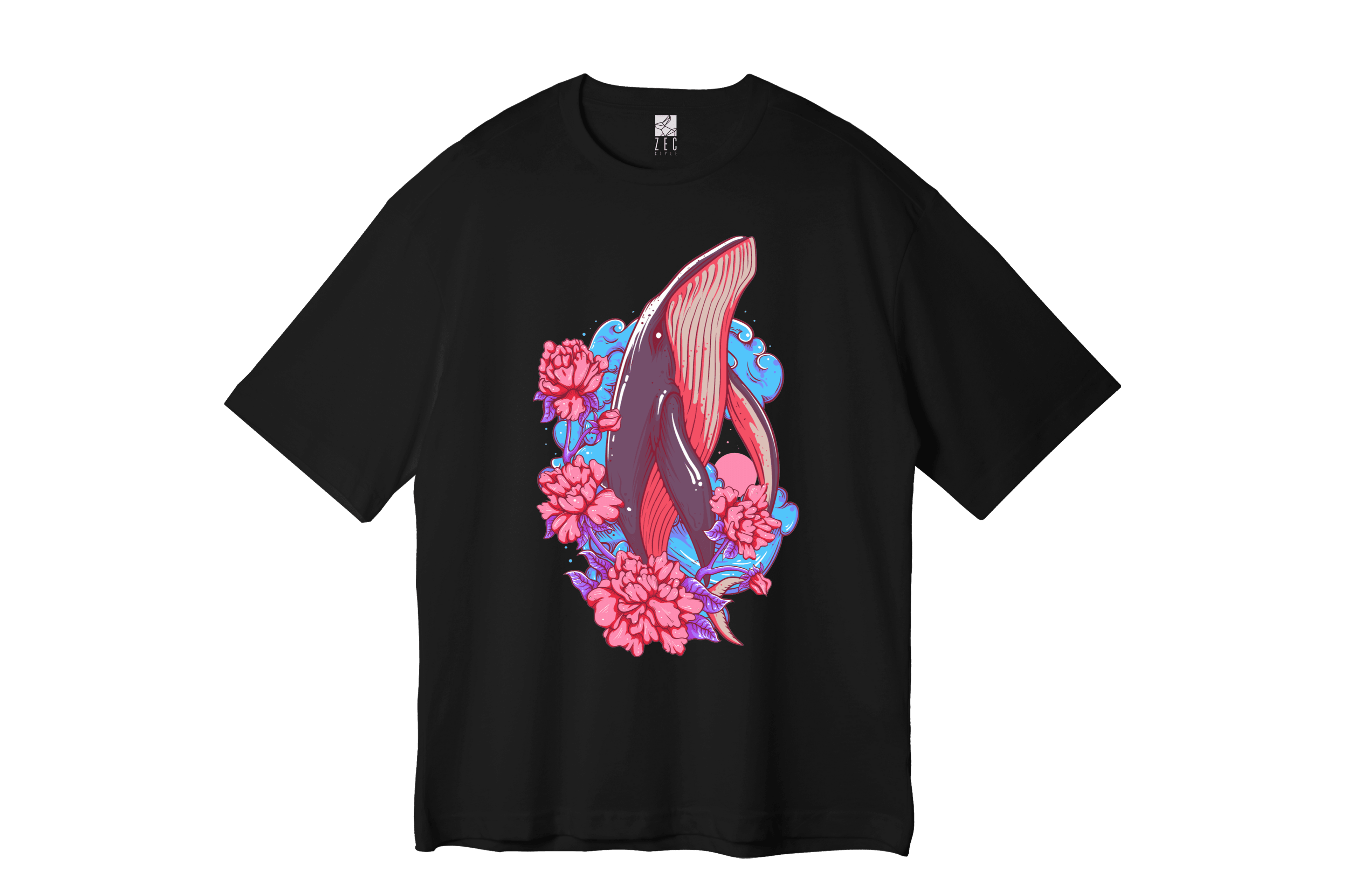 Siyah Oversize Unisex T-shirt - Pink Whale