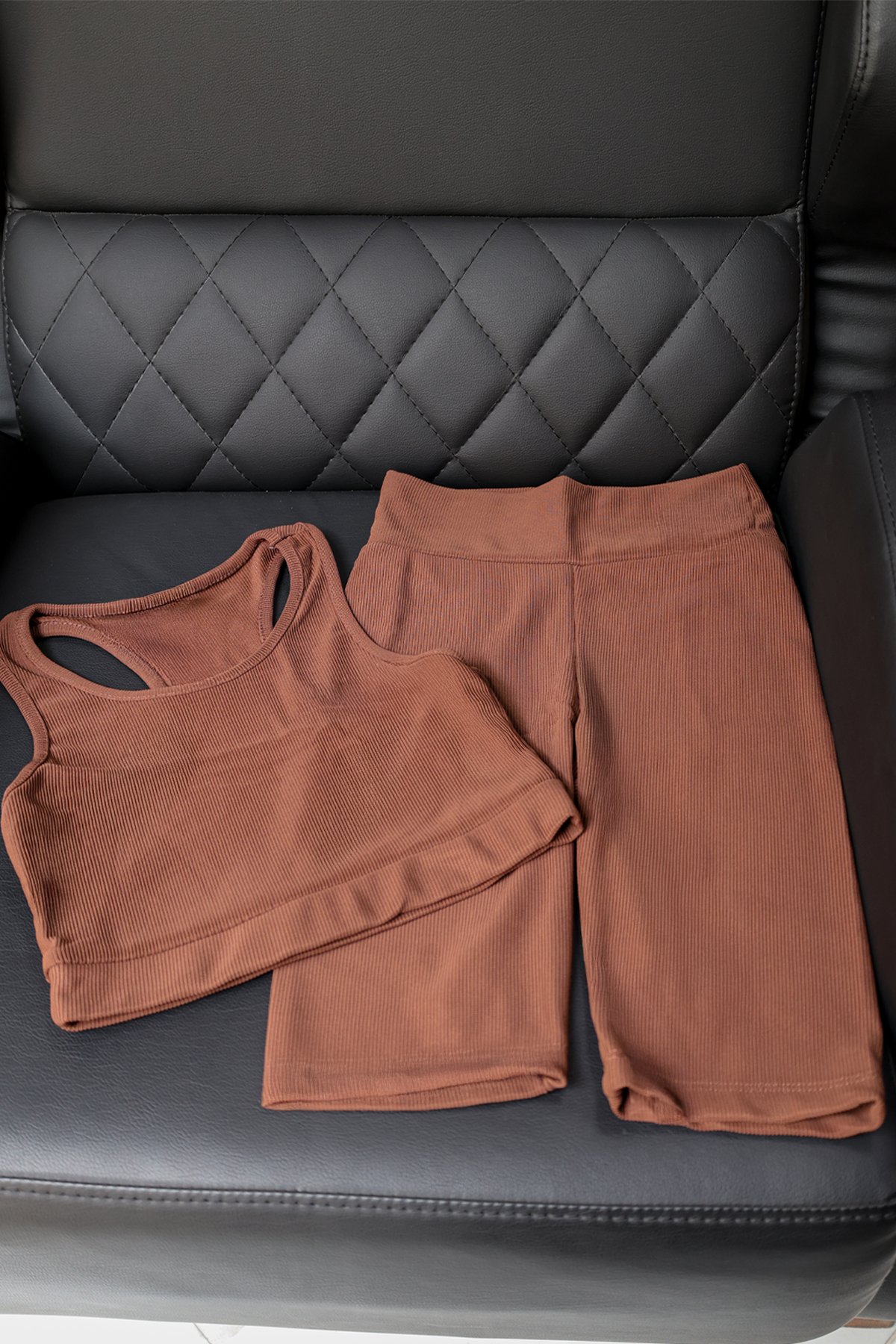 Yüksek Bel, Fitilli, Bermuda, Toparlayıcı Spor Tayt Crop Takım   - Açık Kahverengi