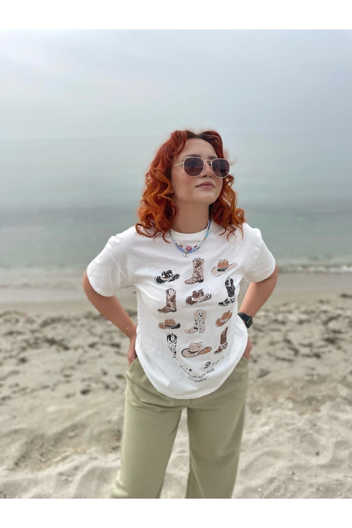 Oversize Kovboy Desenli Baskılı Tshirt