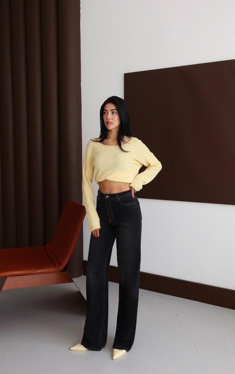 Yüksek Bel Wide Leg Siyah Yıkama Detaylı Jean