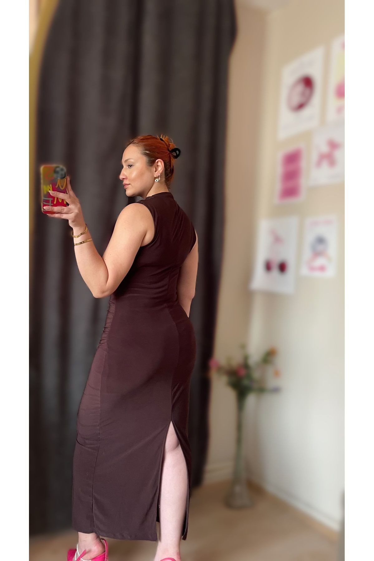 Drape Yaka Yırtmaçlı Astarlı Elbise