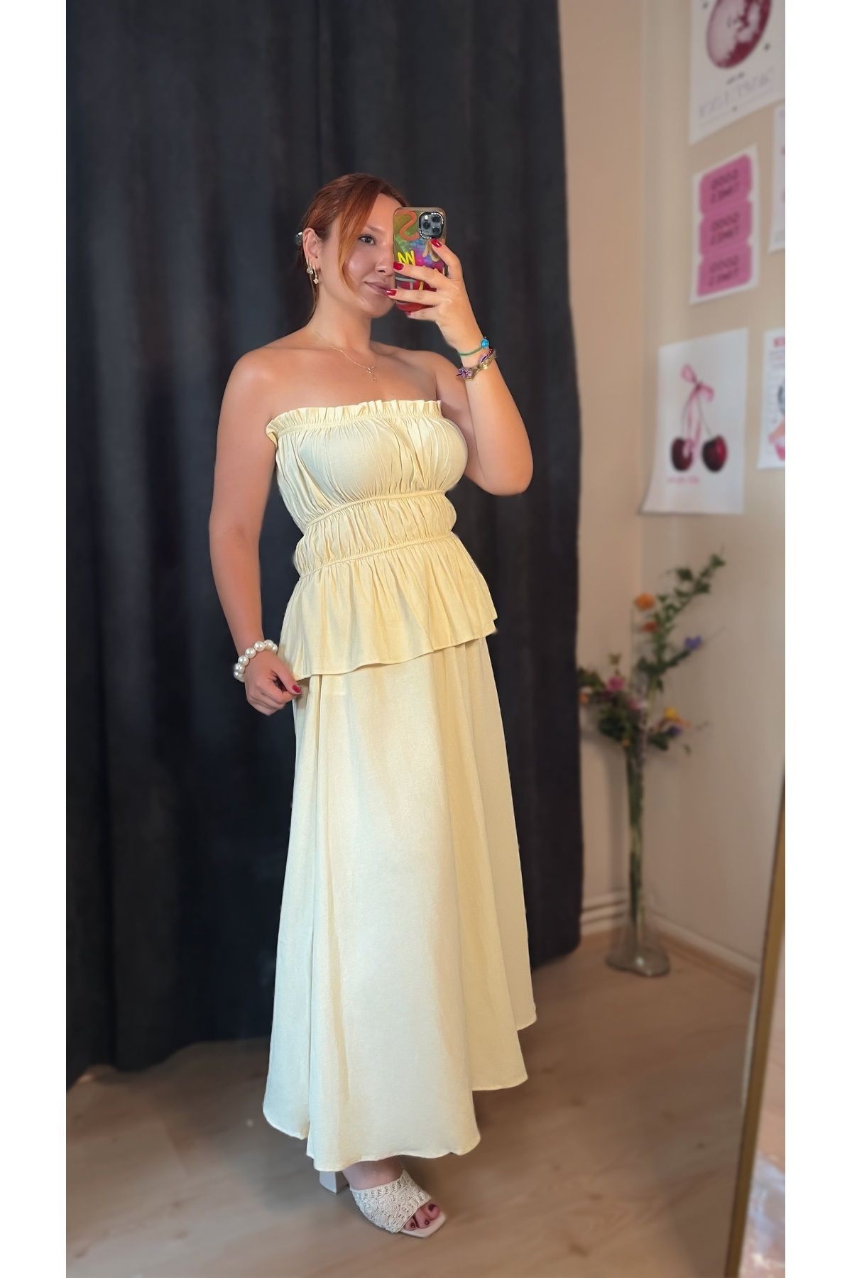 Butter Yellow Straplez Bluz Etek Keten Takım