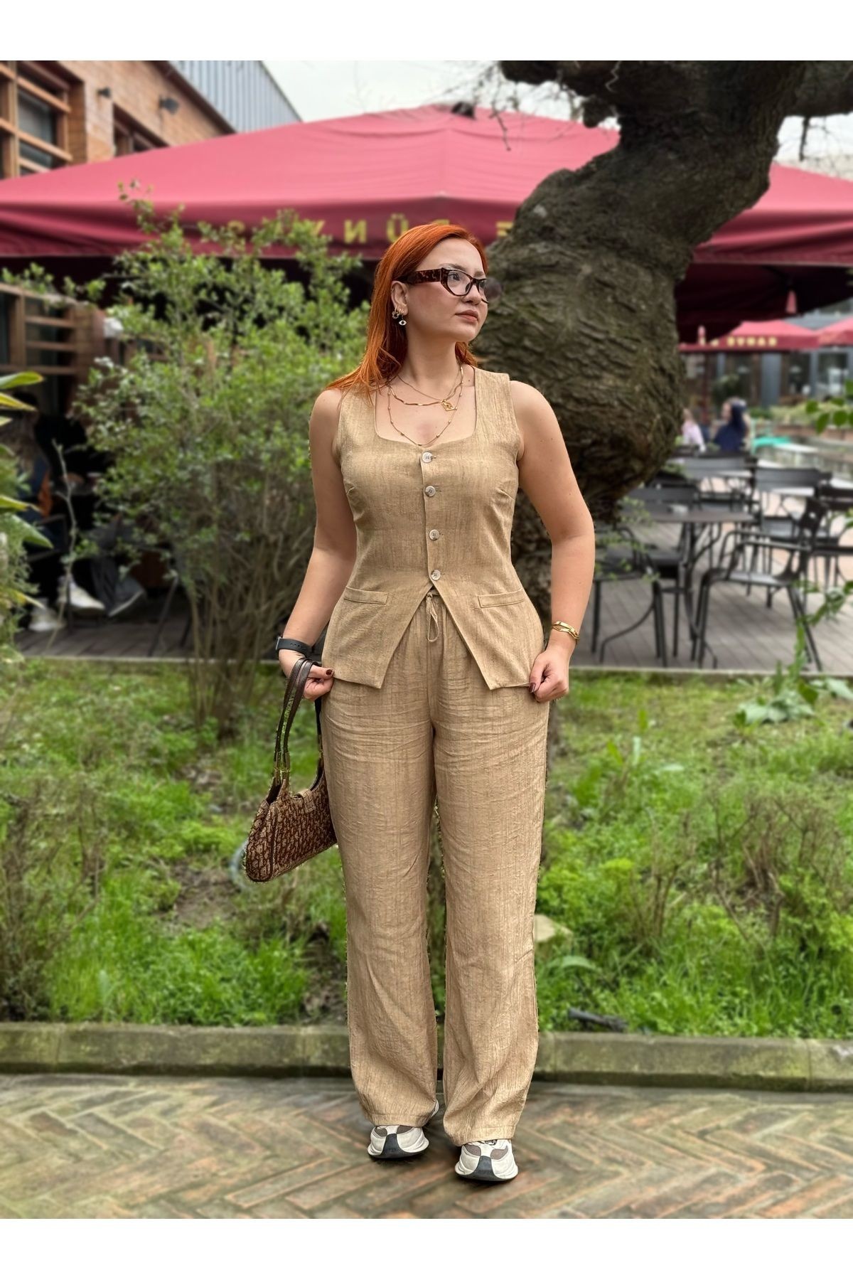Kuşak Detaylı Kadın Yelek Pantolon Alt Üst Takım