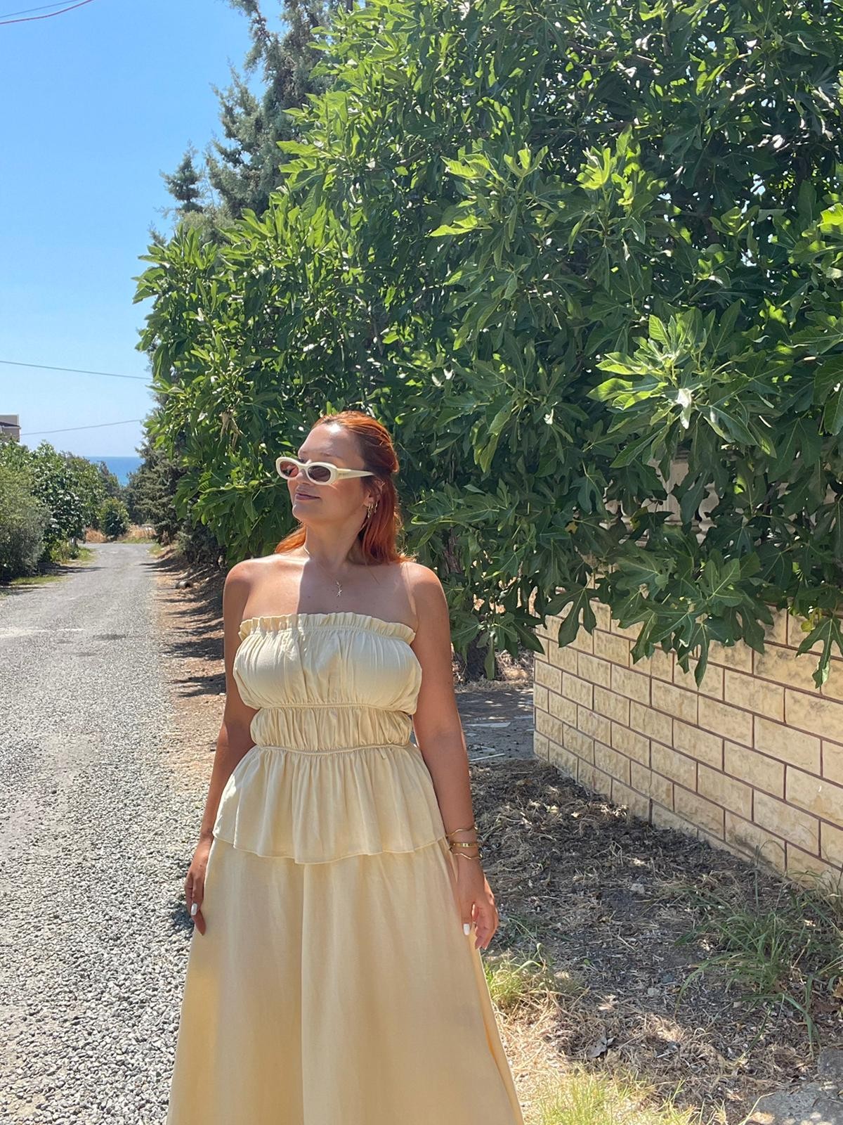 Butter Yellow Straplez Bluz Etek Keten Takım