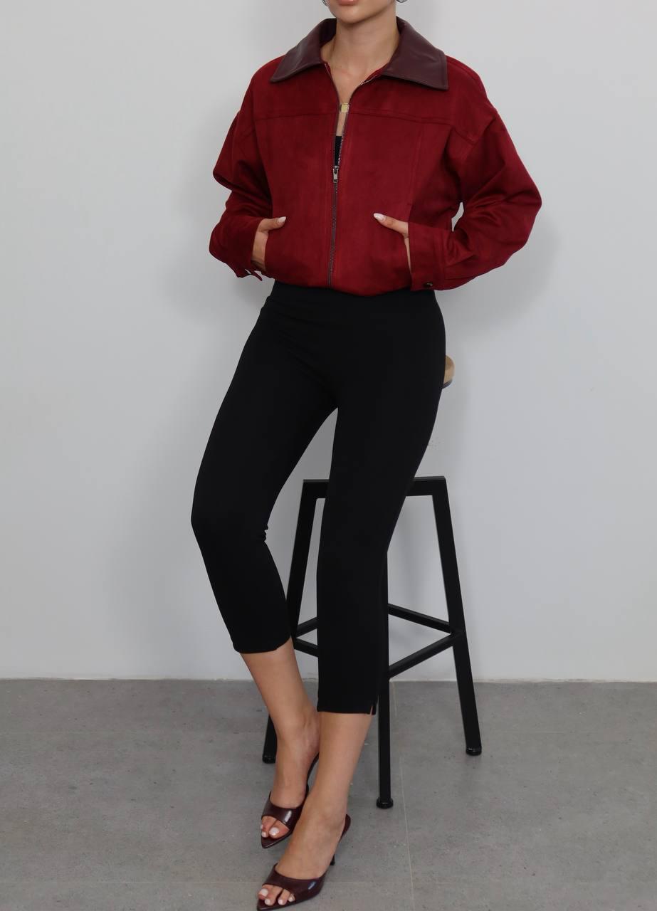 Suni Deri Yaka Süet Bomber Ceket - bordo