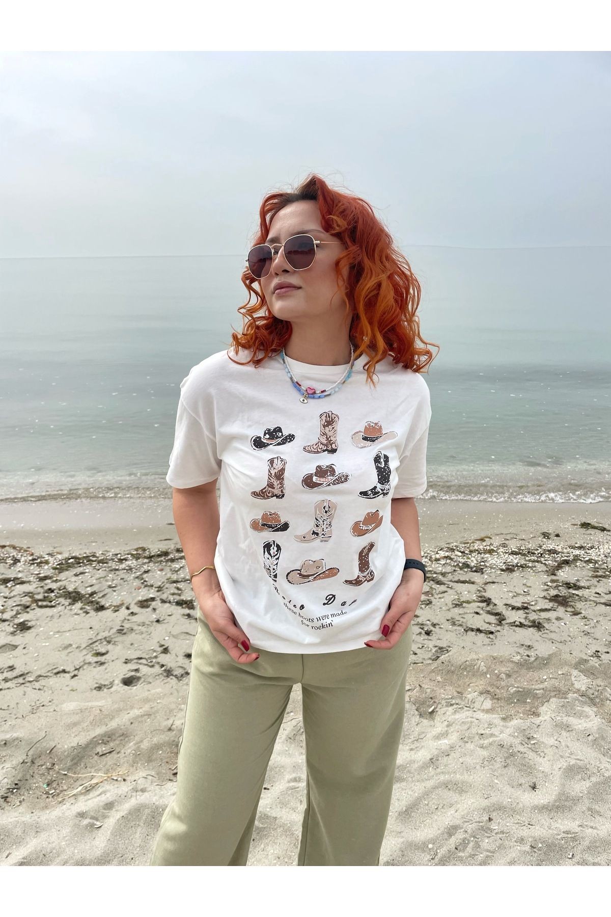 Oversize Kovboy Desenli Baskılı Tshirt