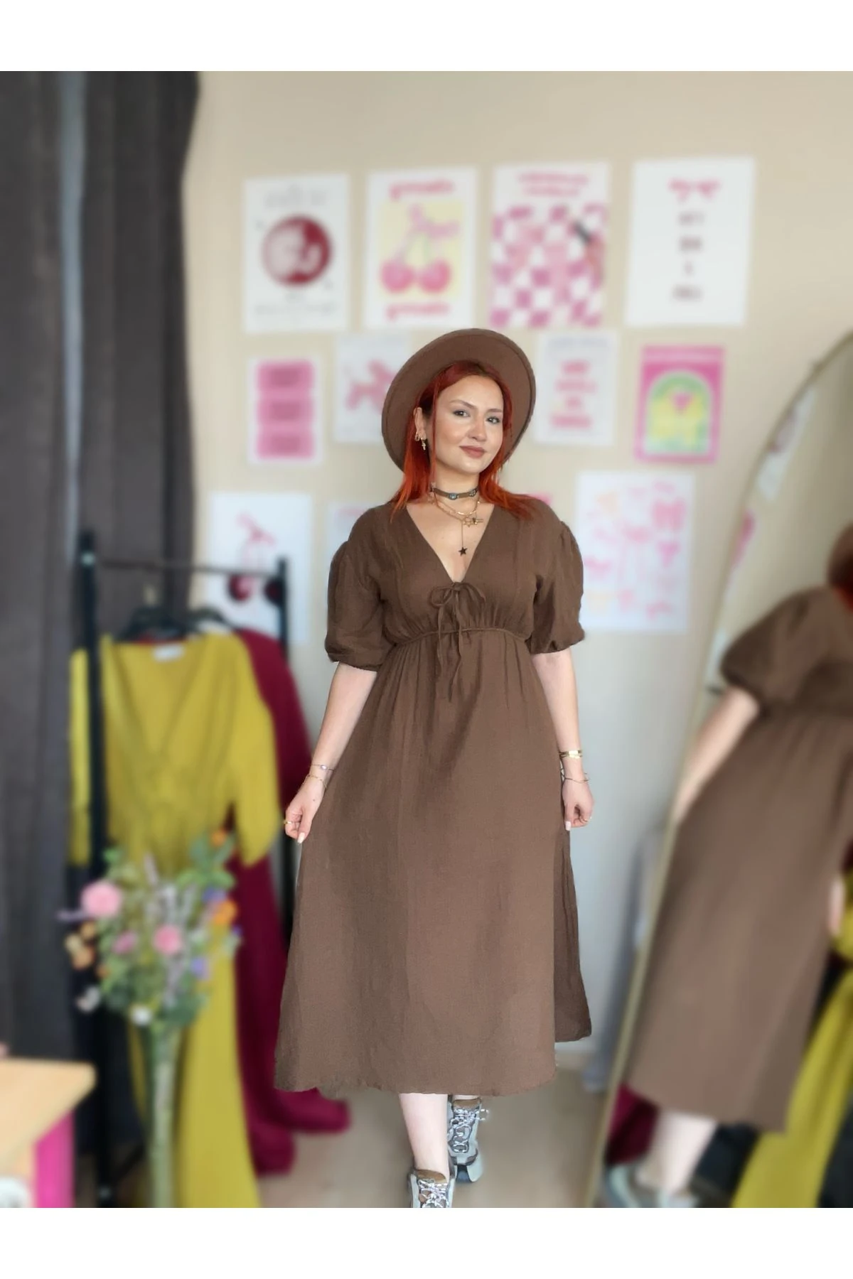 Müslin Kumaş Fiyonklu Elbise - kahverengi